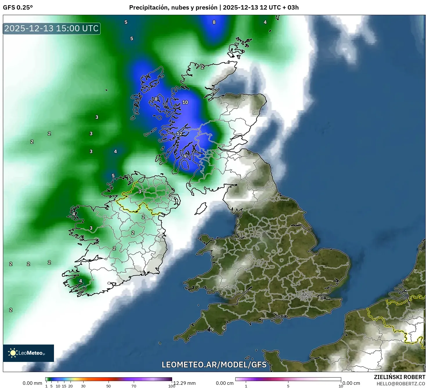GFS model - Reino Unido, Precipitación, nubes y presión