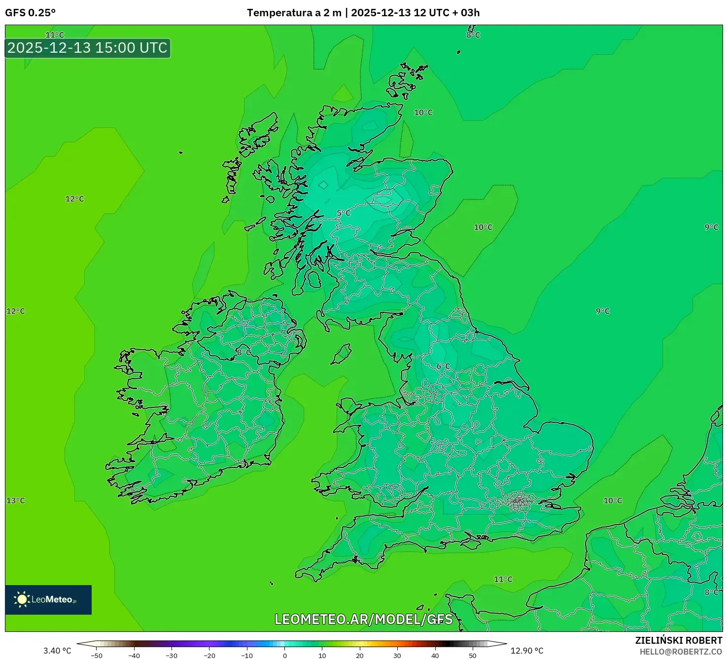 GFS model - Reino Unido, Temperatura a 2 m