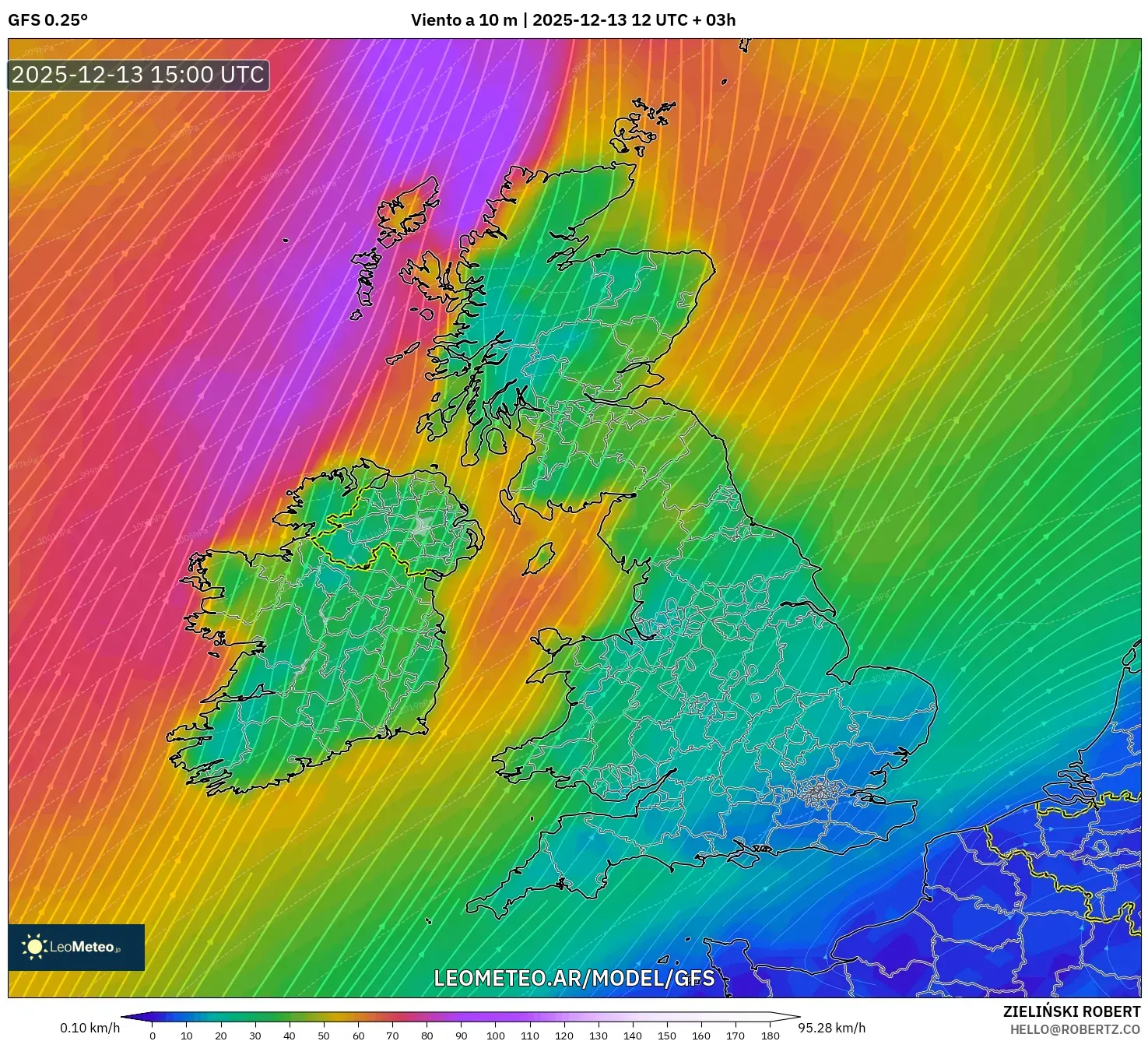GFS model - Reino Unido, Viento a 10 m