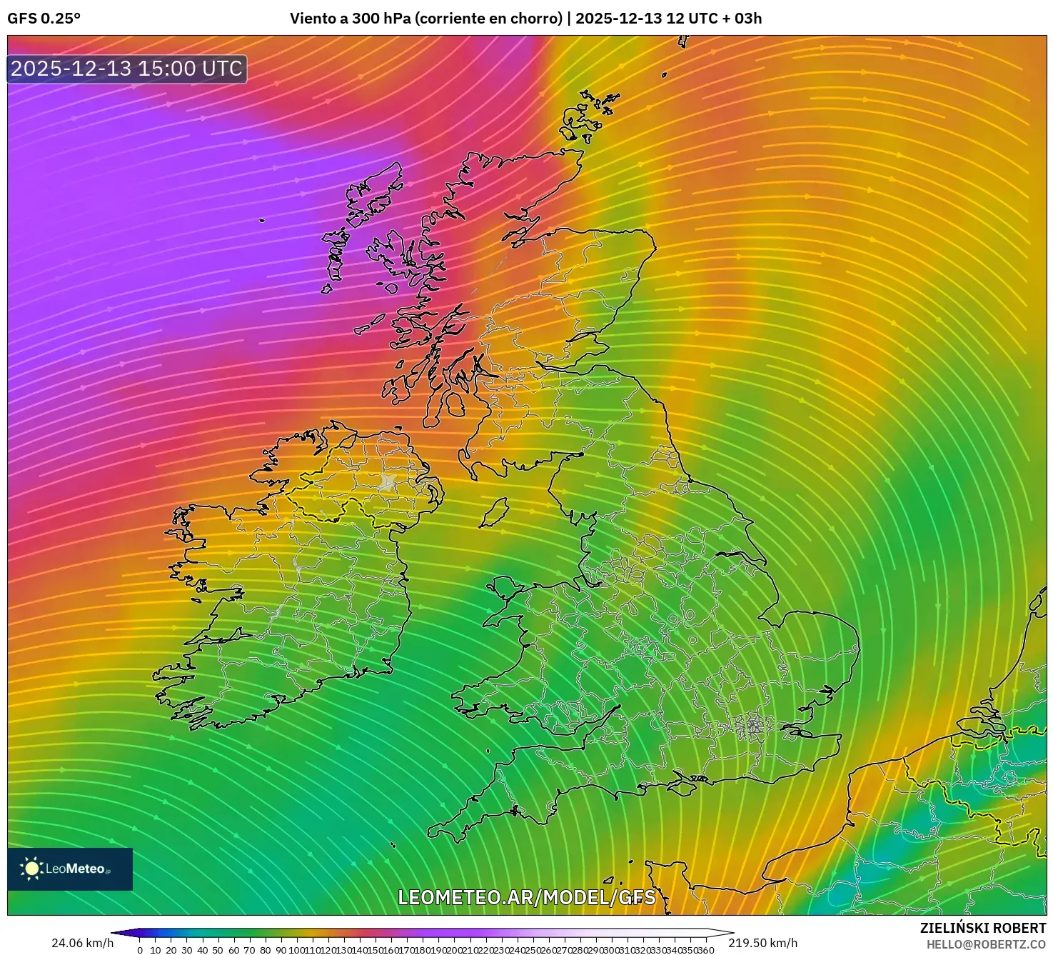 GFS model - Reino Unido, Viento a 300 hPa (corriente en chorro)