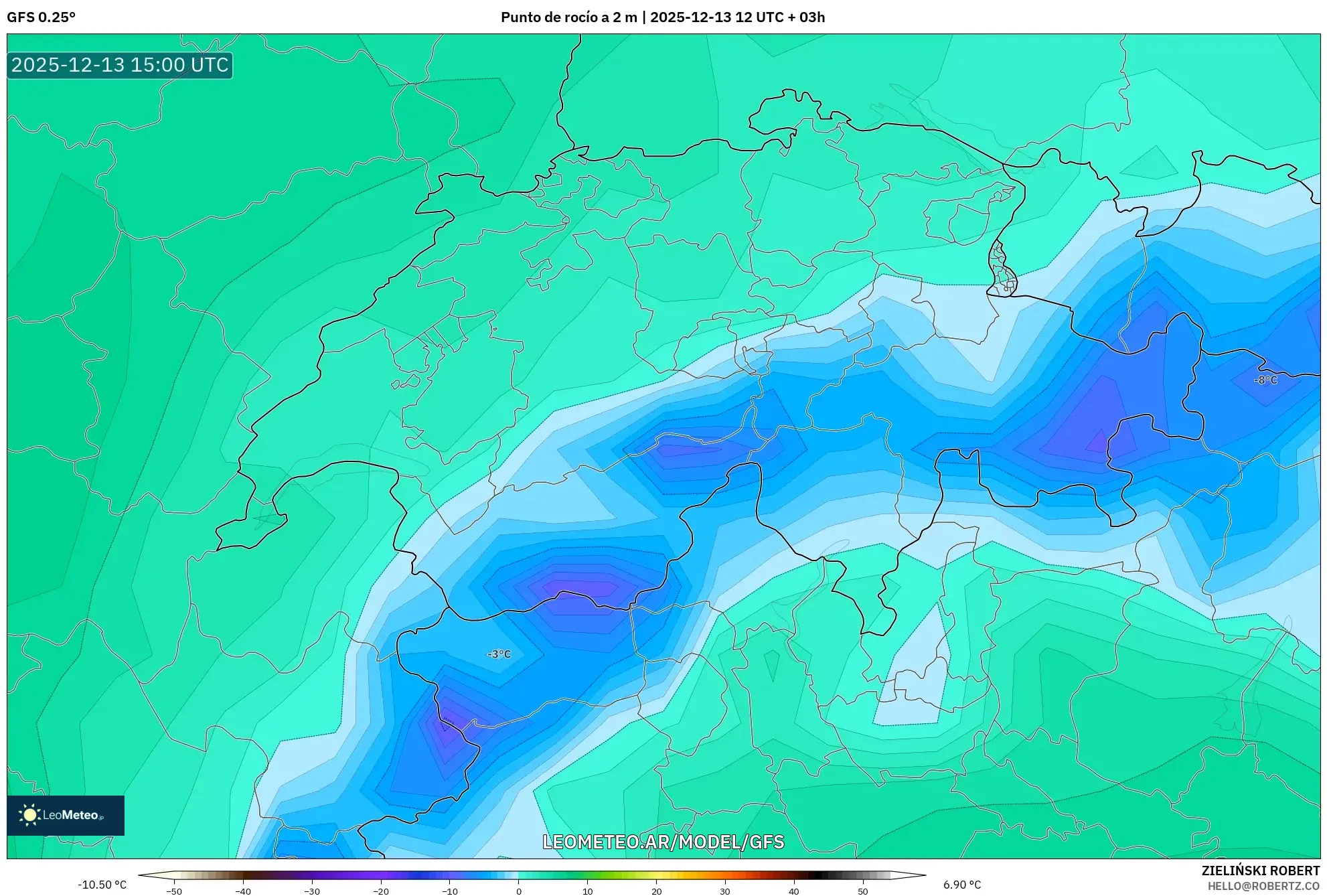 GFS model - Suiza, Punto de rocío a 2 m