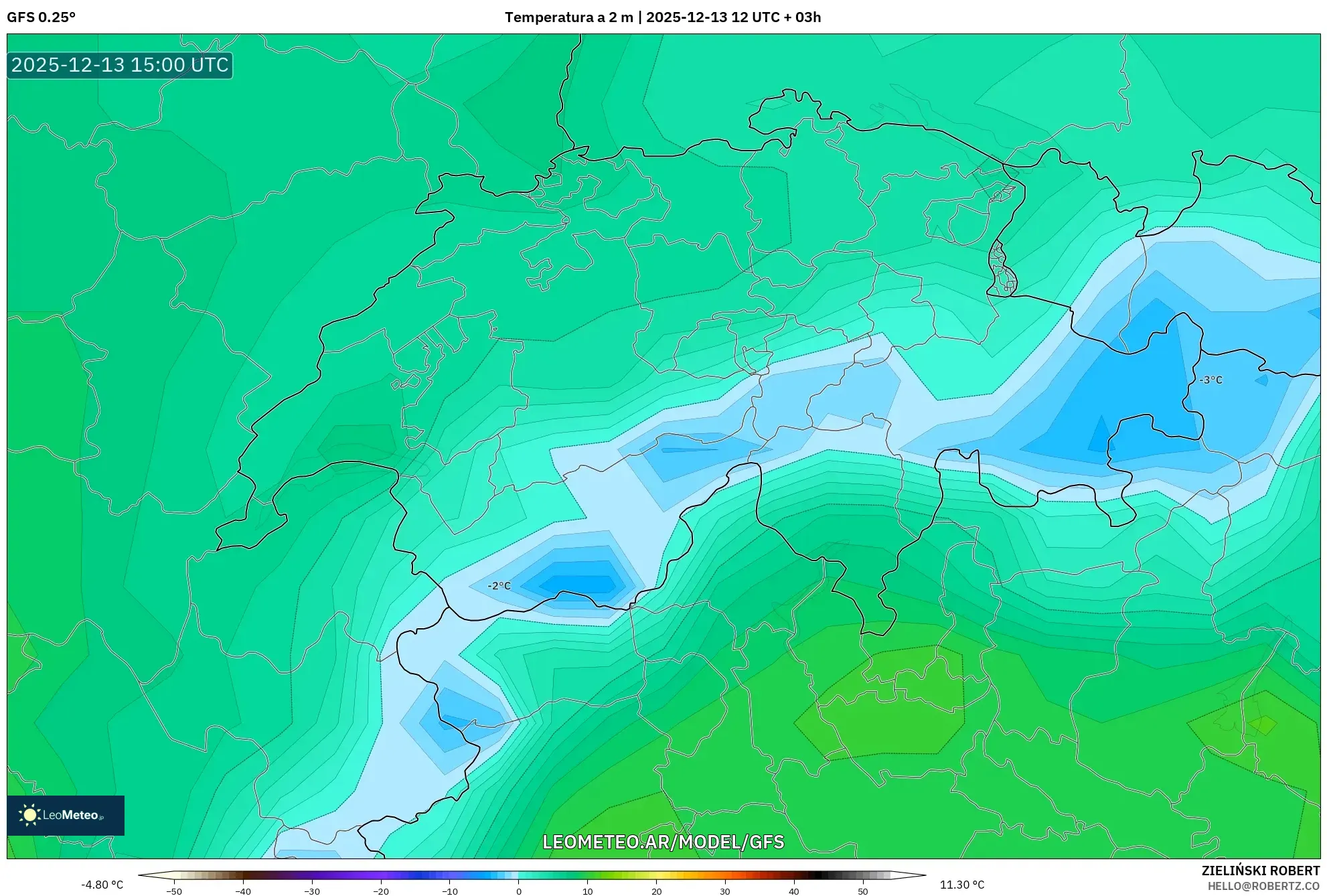 GFS model - Suiza, Temperatura a 2 m