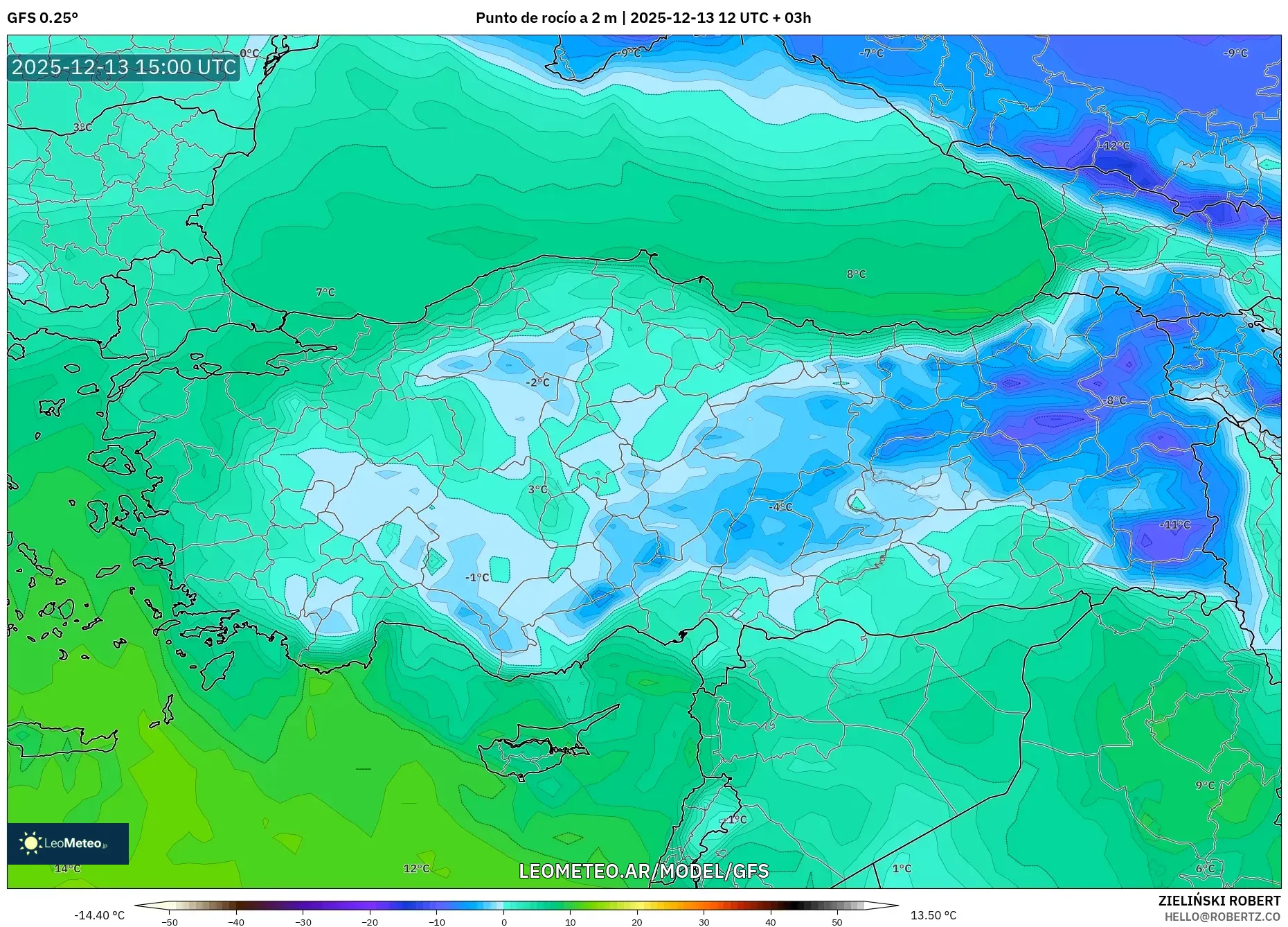 GFS model - Turquía, Punto de rocío a 2 m