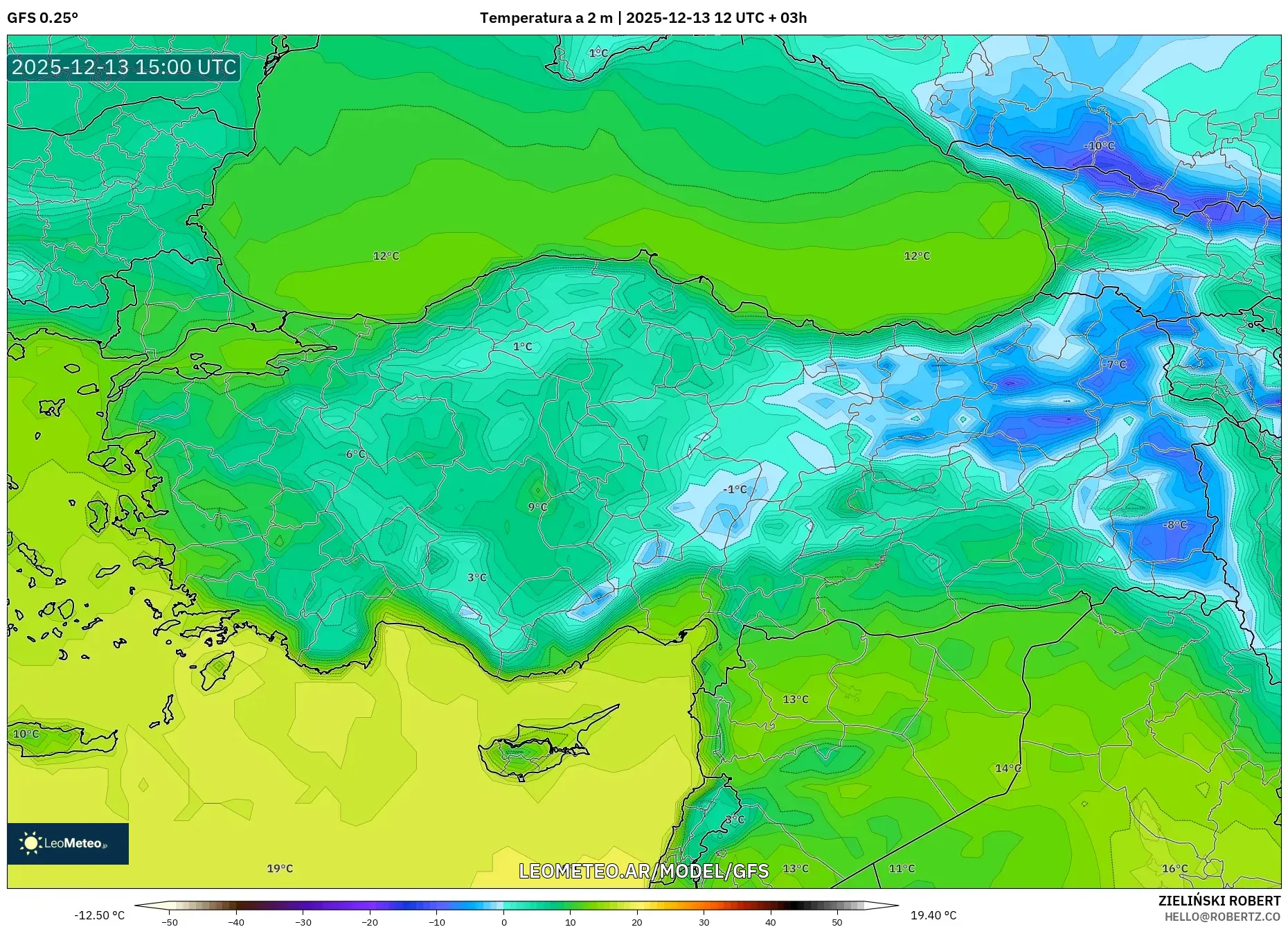 GFS model - Turquía, Temperatura a 2 m