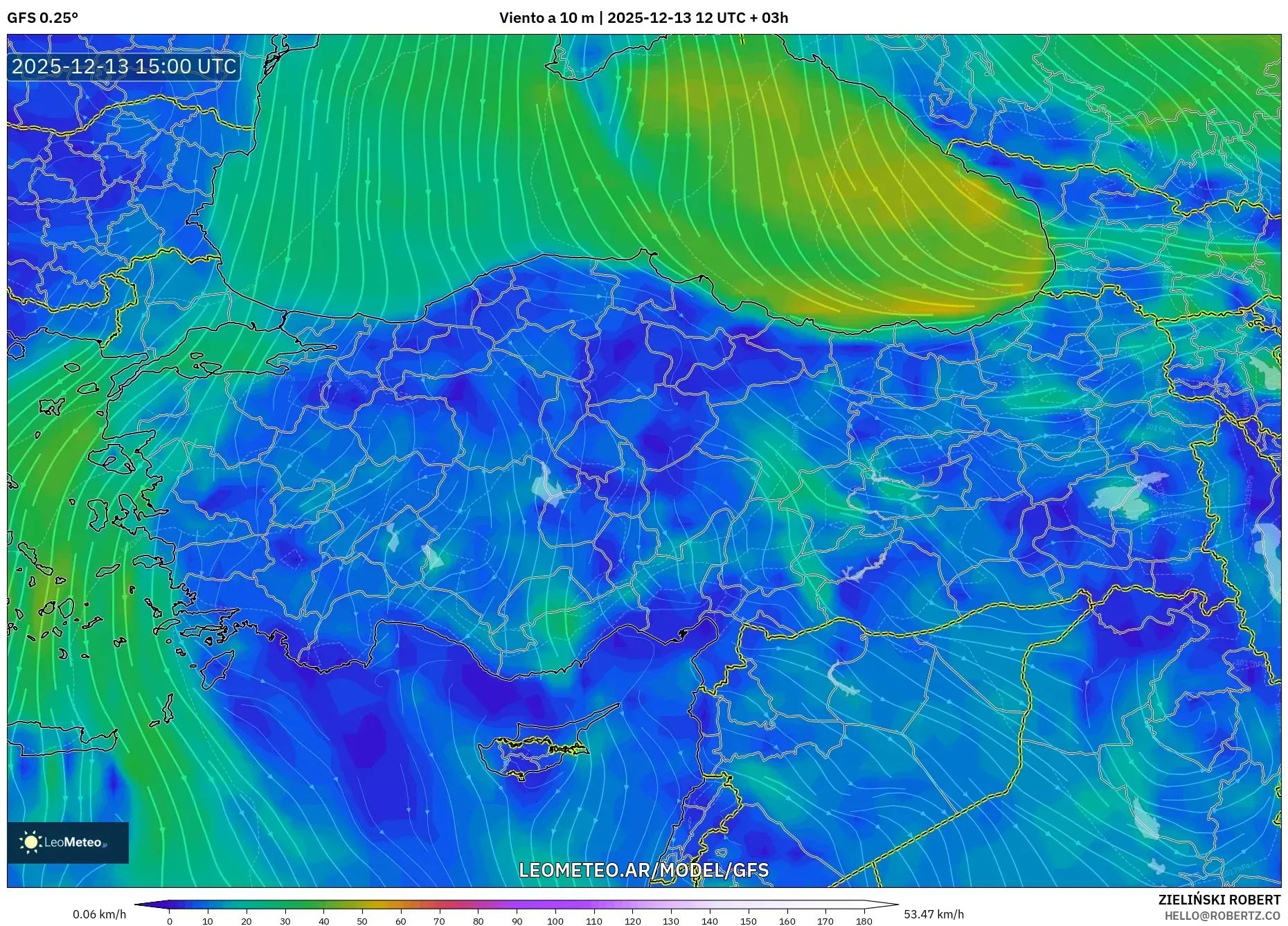 GFS model - Turquía, Viento a 10 m