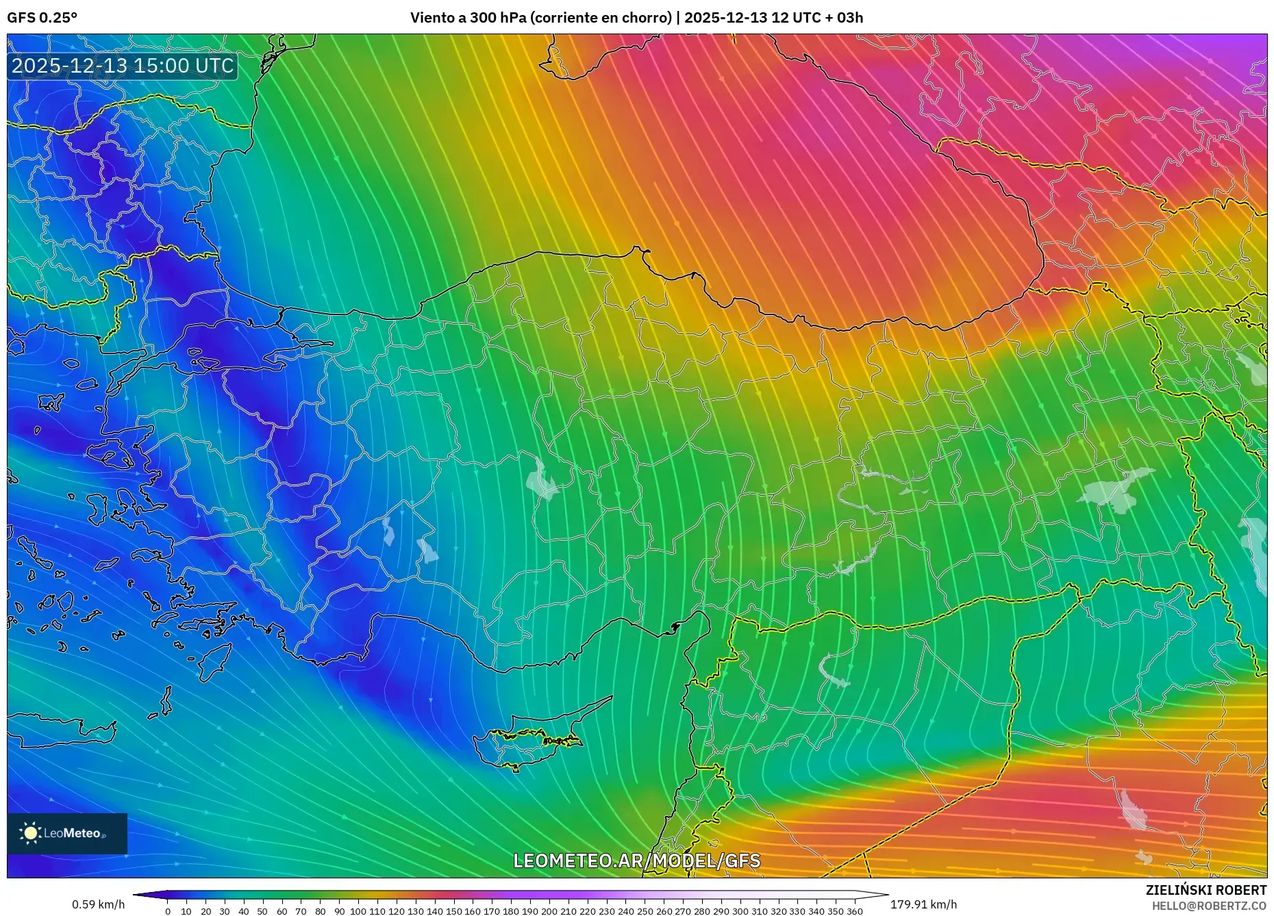 GFS model - Turquía, Viento a 300 hPa (corriente en chorro)