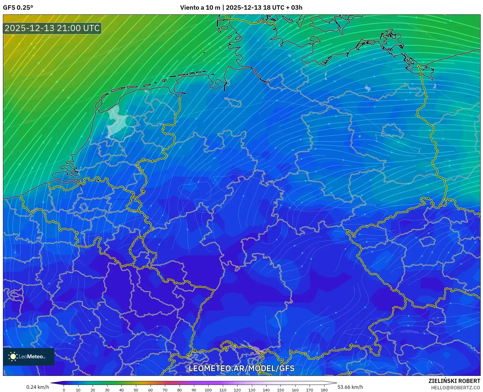 GFS model - Alemania, Viento a 10 m