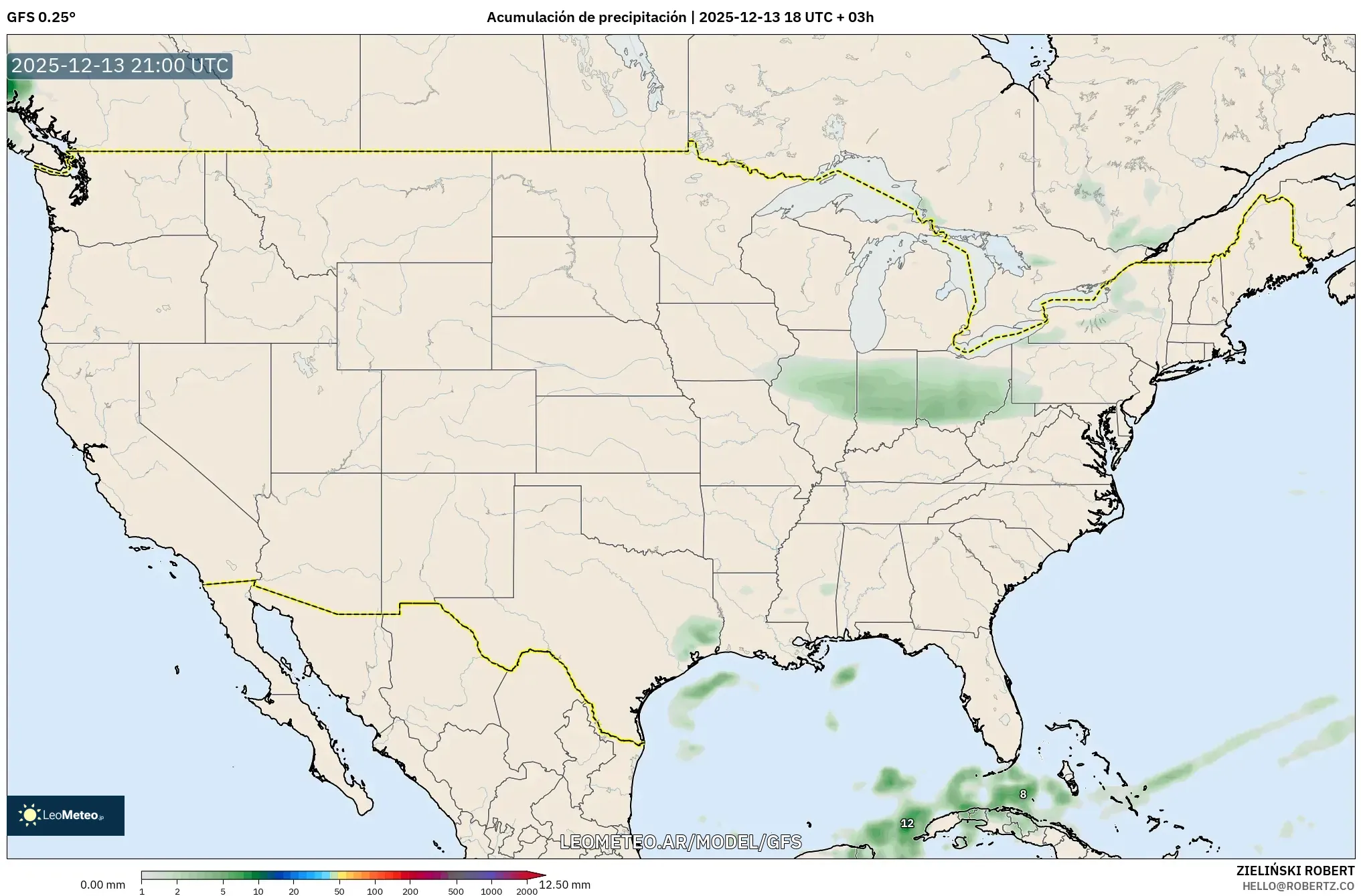 GFS model - Estados Unidos, Acumulación de precipitación