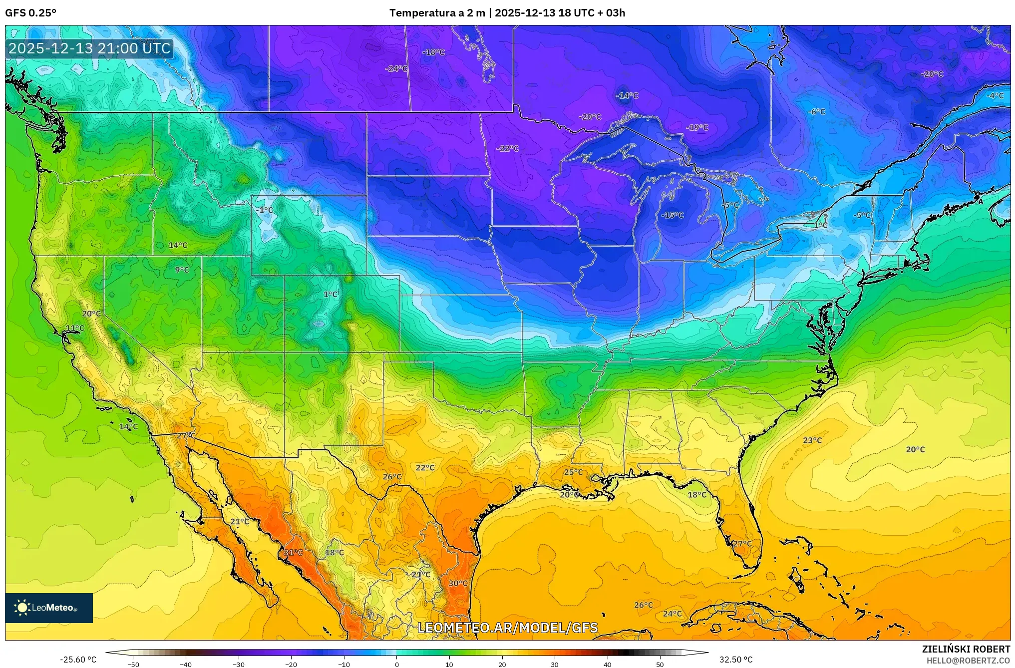 GFS model - Estados Unidos, Temperatura a 2 m