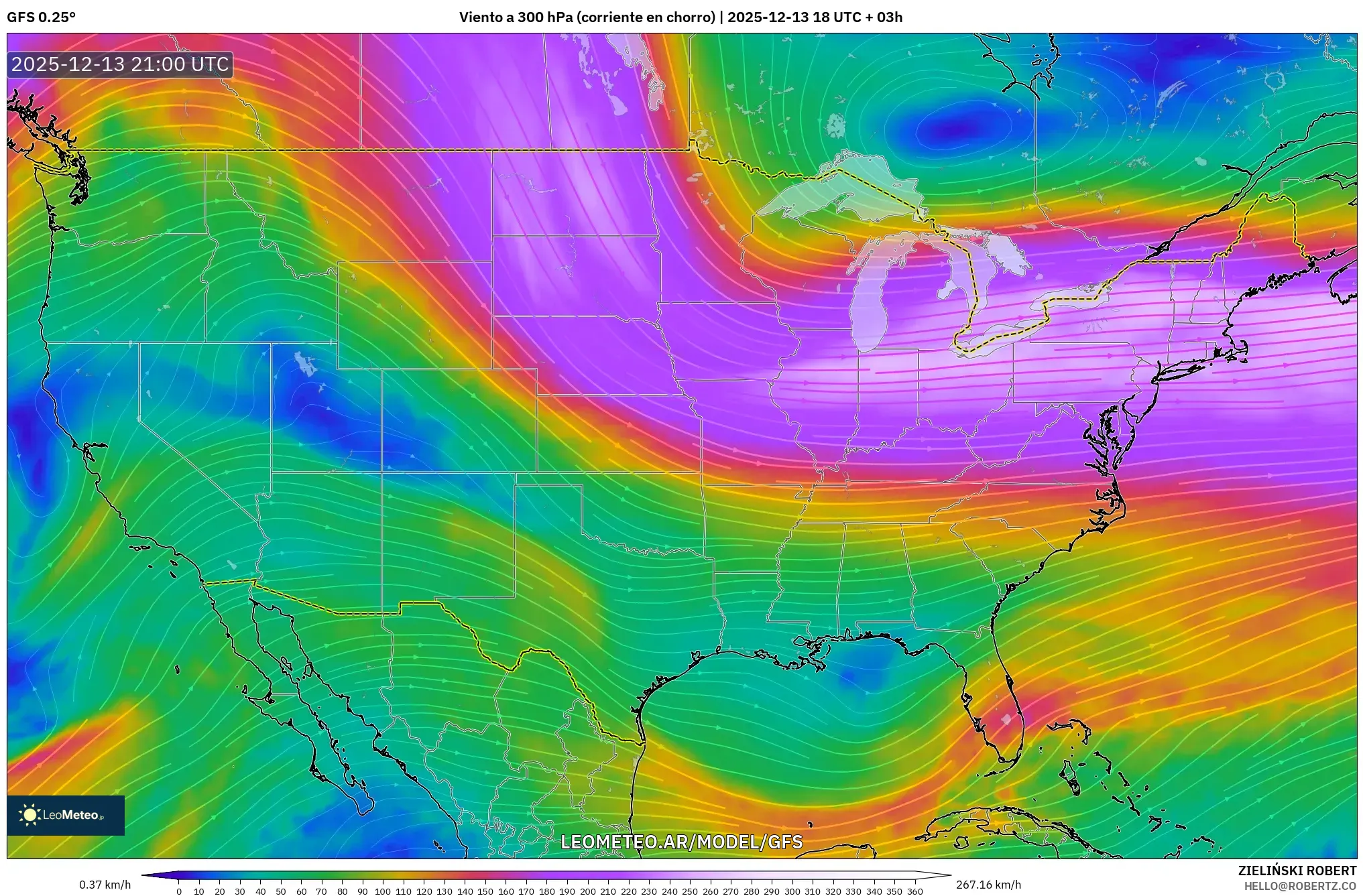 GFS model - Estados Unidos, Viento a 300 hPa (corriente en chorro)