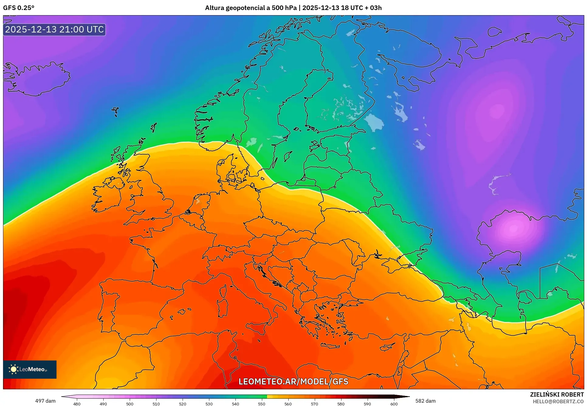 GFS model - Europa, Altura geopotencial a 500 hPa