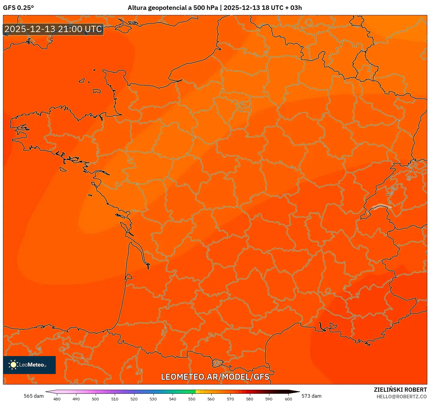 GFS model - Francia, Altura geopotencial a 500 hPa