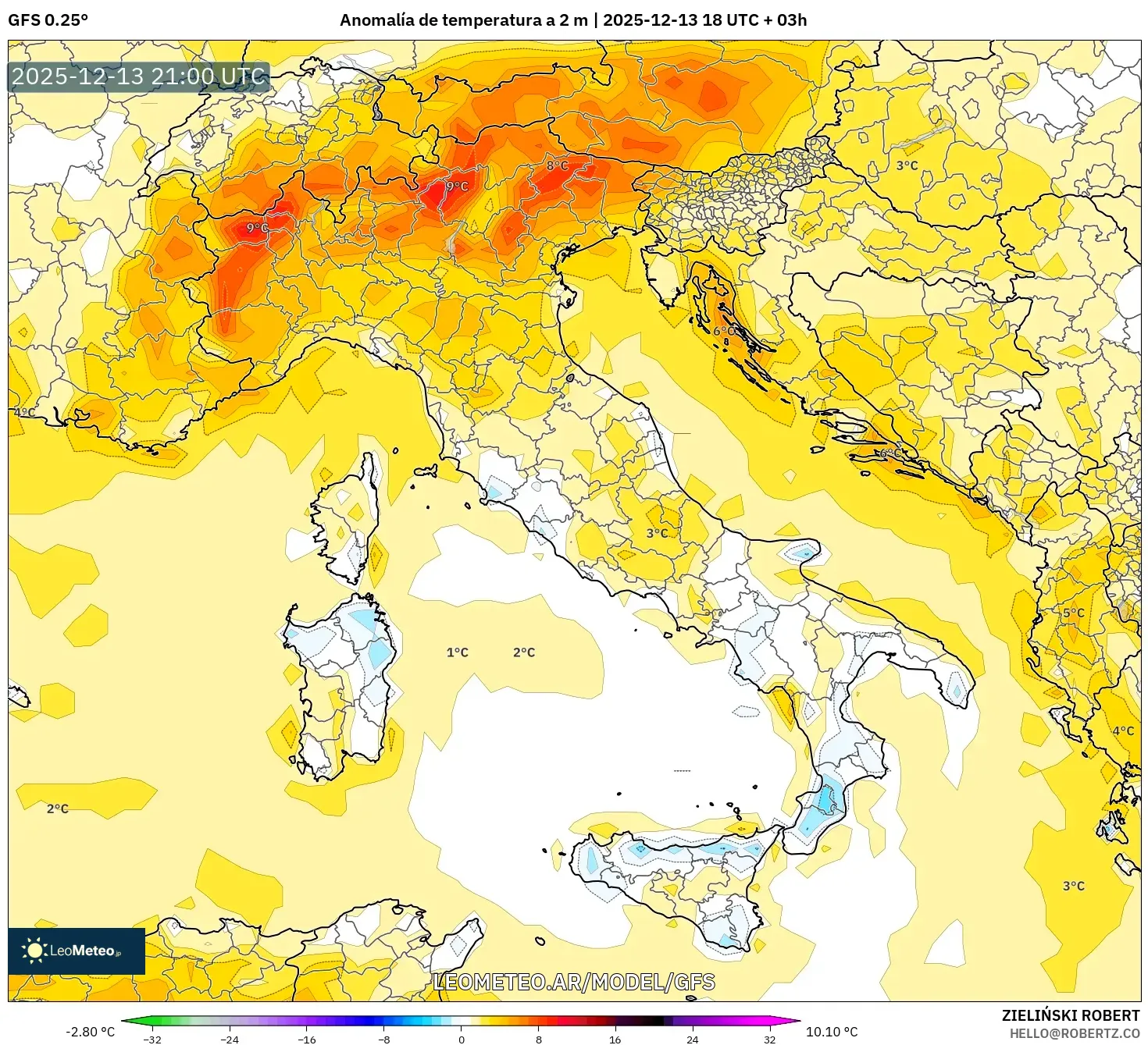 GFS model - Italia, Anomalía de temperatura a 2 m
