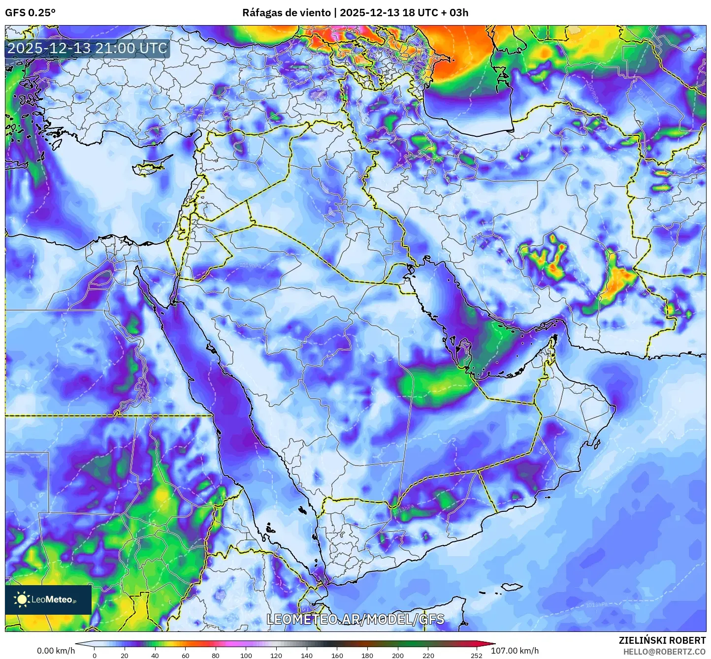 GFS model - Oriente Medio, Ráfagas de viento