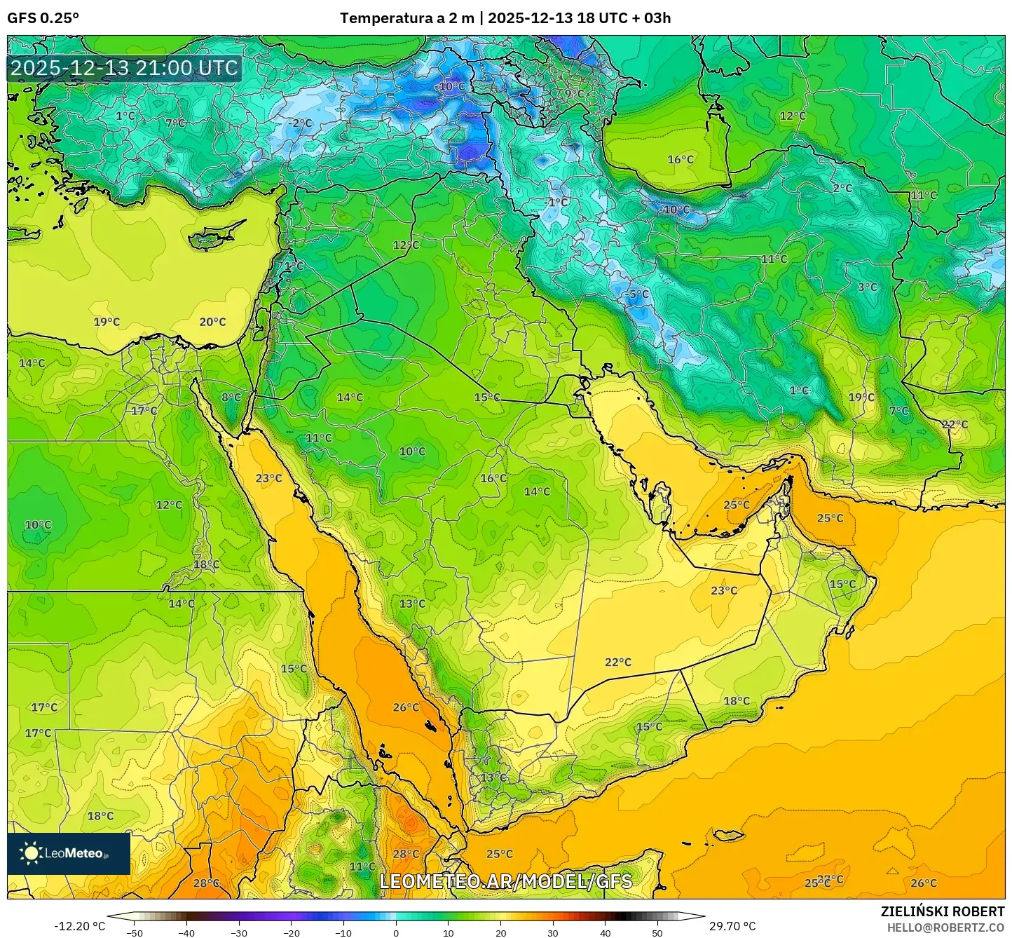 GFS model - Oriente Medio, Temperatura a 2 m