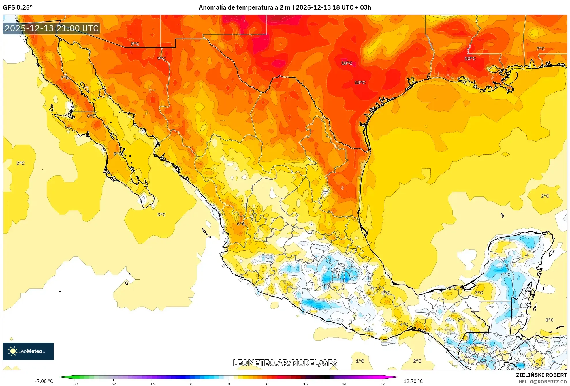GFS model - México, Anomalía de temperatura a 2 m