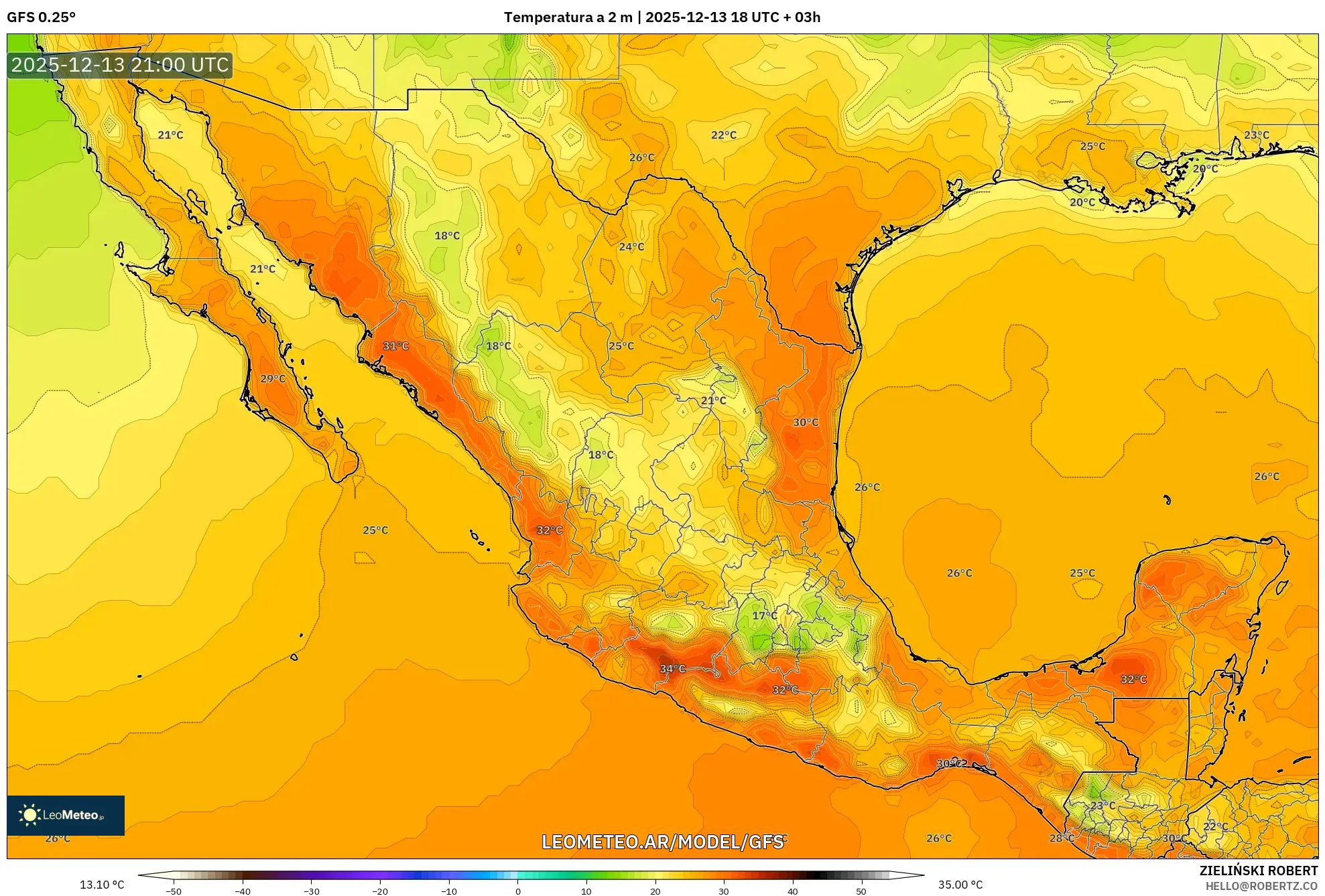 GFS model - México, Temperatura a 2 m