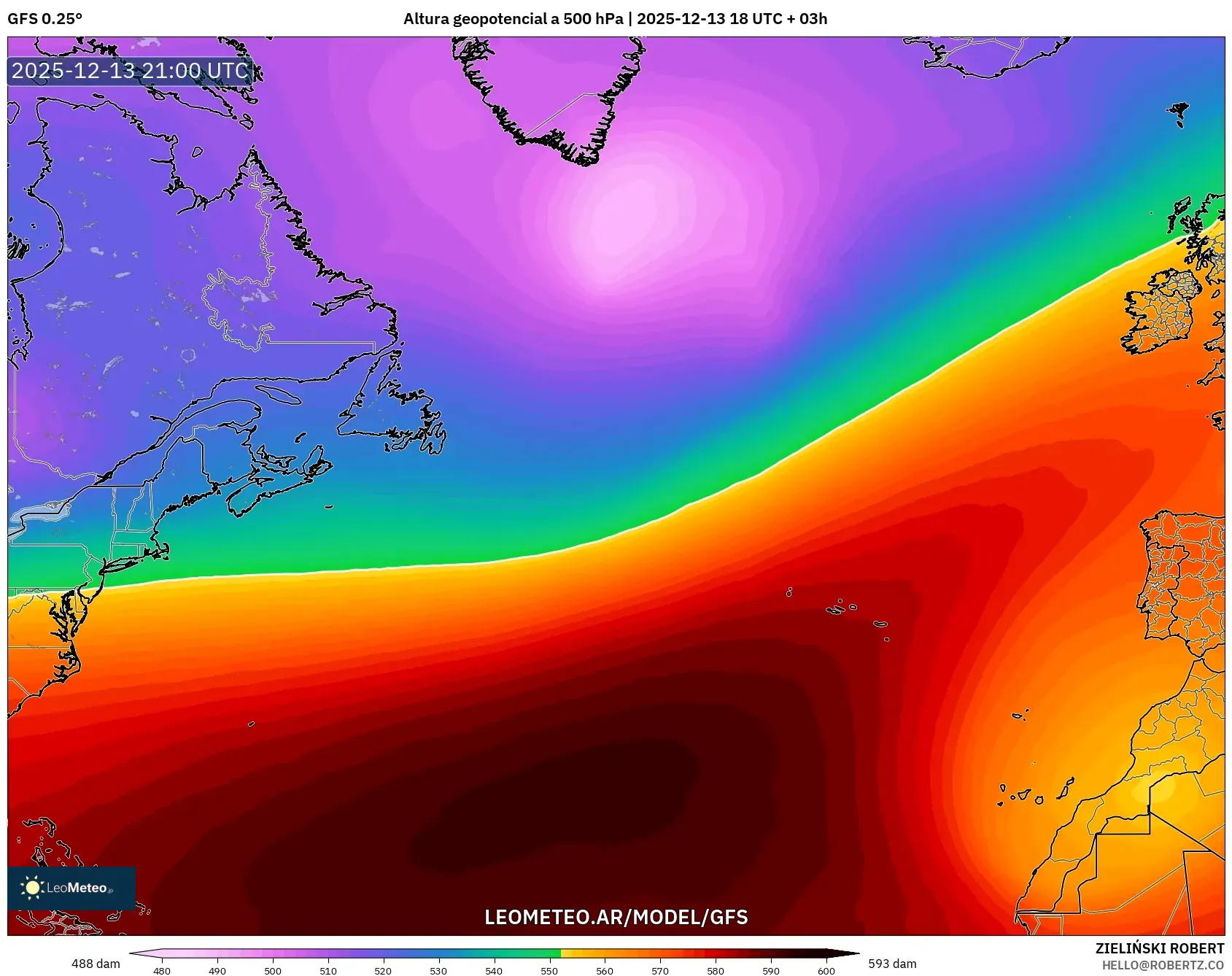 GFS model - Norte Atlántico, Altura geopotencial a 500 hPa