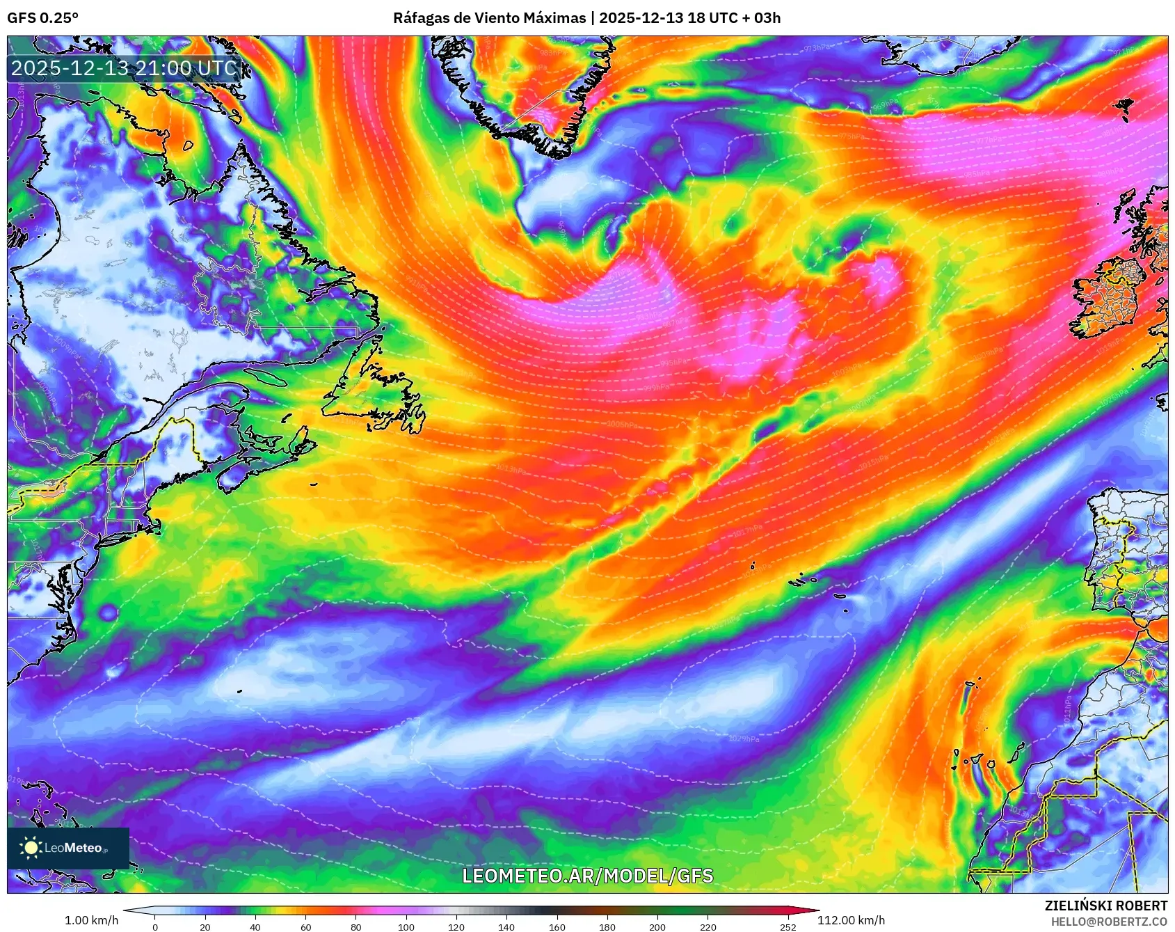 GFS model - Norte Atlántico, Ráfagas de Viento Máximas