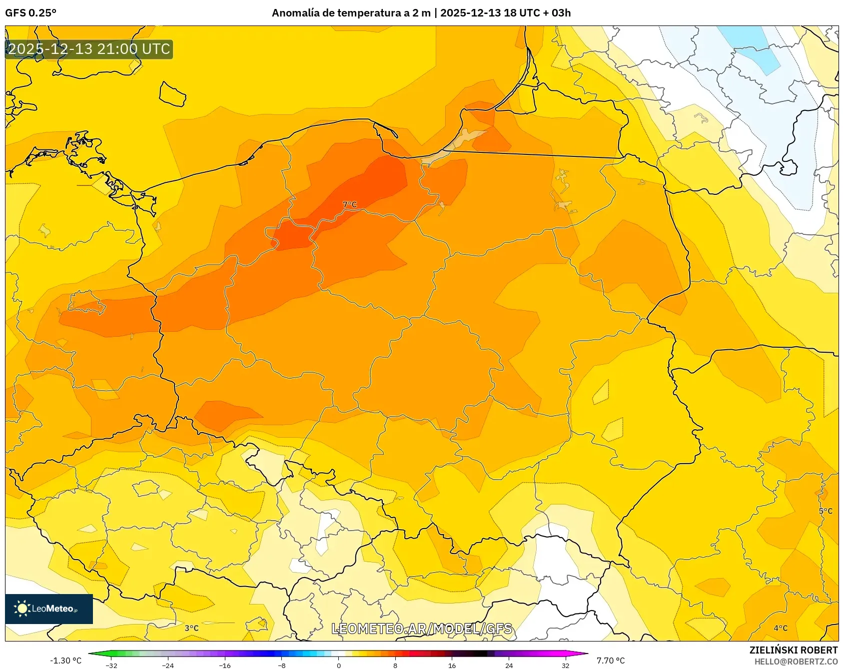 GFS model - Polonia, Anomalía de temperatura a 2 m