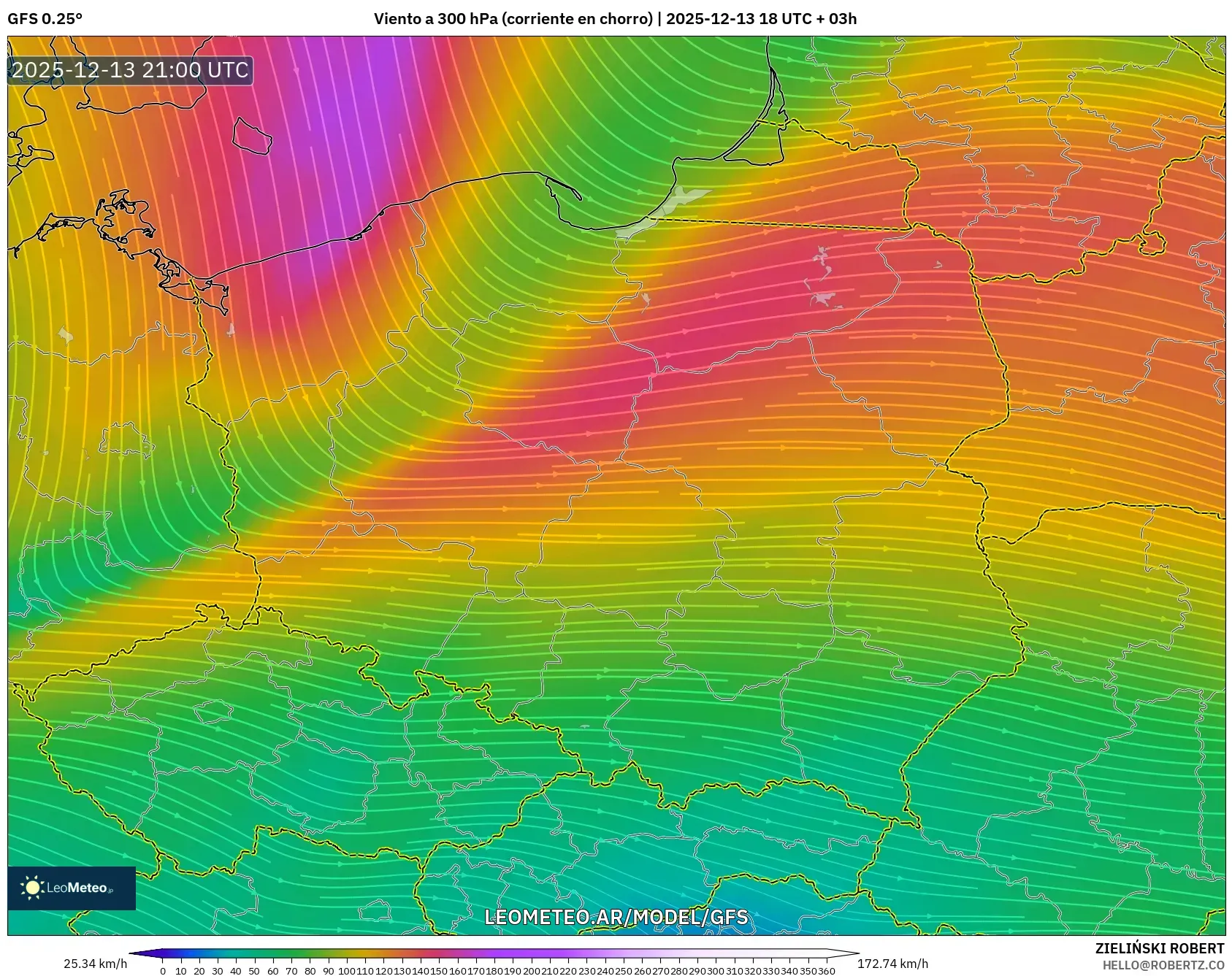 GFS model - Polonia, Viento a 300 hPa (corriente en chorro)