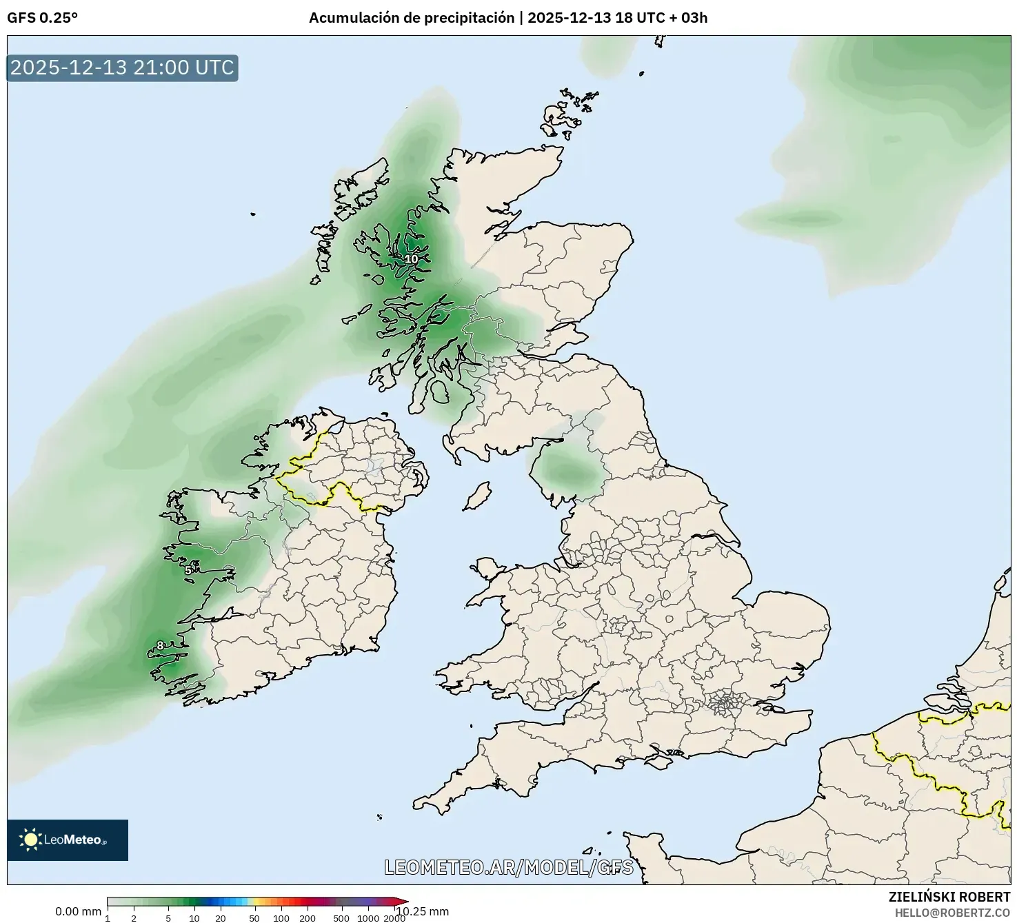 GFS model - Reino Unido, Acumulación de precipitación
