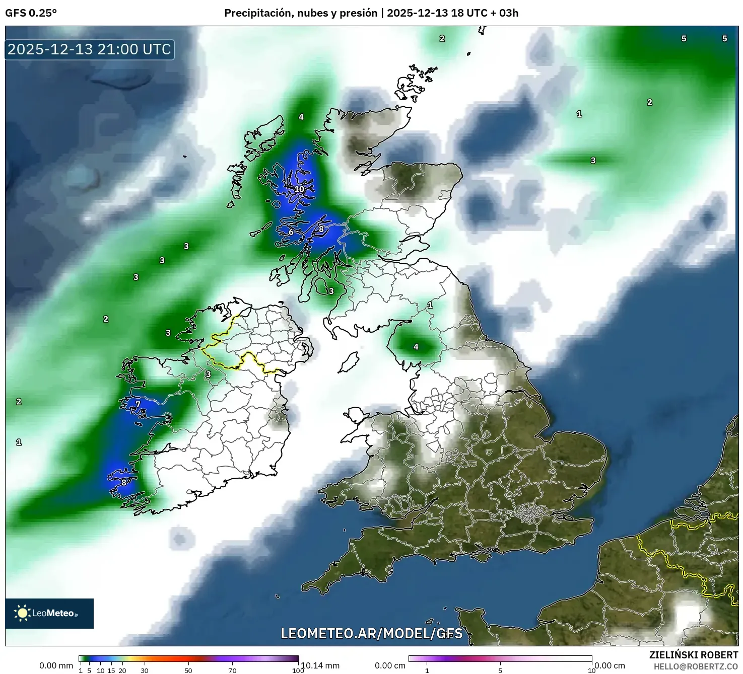 GFS model - Reino Unido, Precipitación, nubes y presión