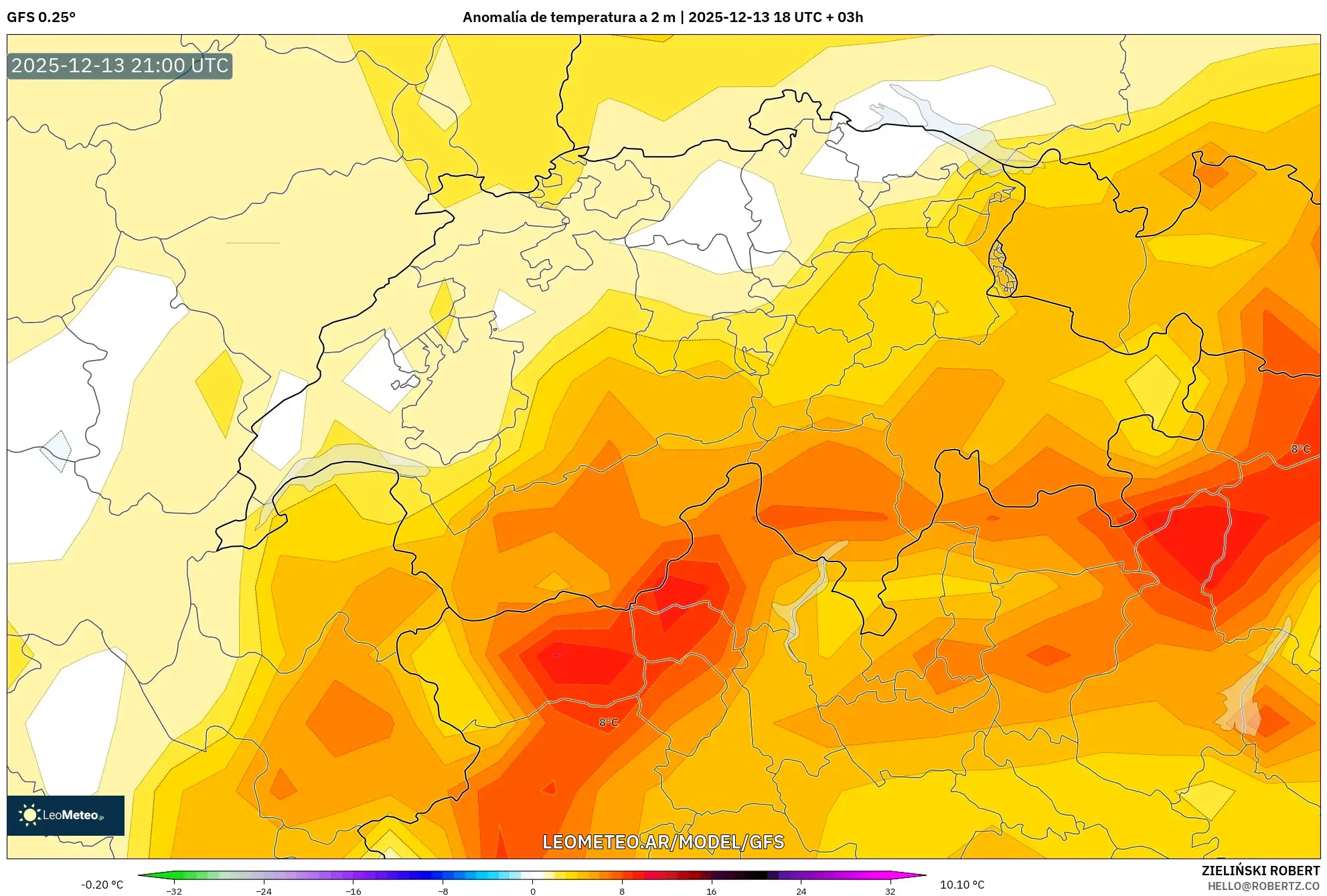 GFS model - Suiza, Anomalía de temperatura a 2 m