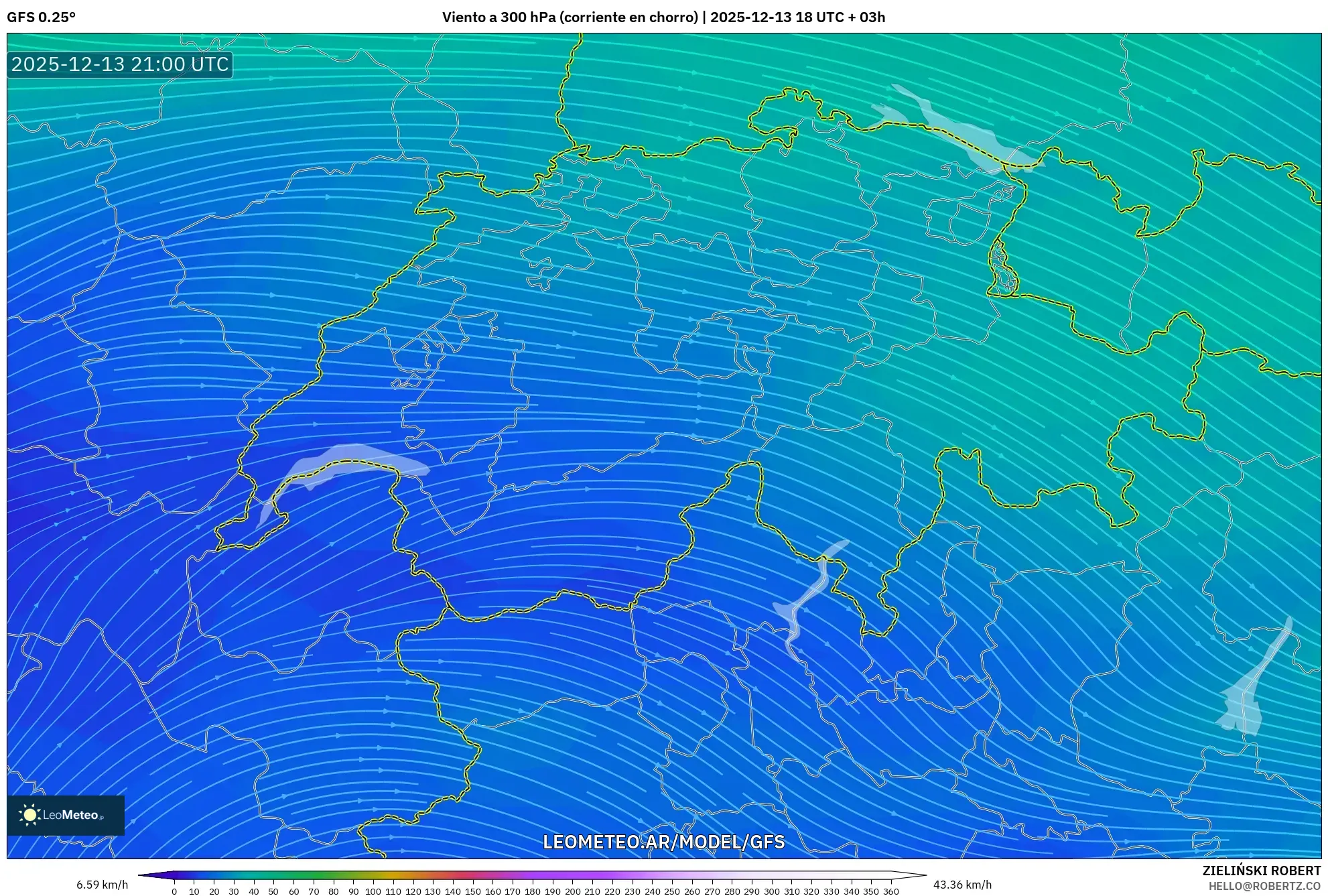 GFS model - Suiza, Viento a 300 hPa (corriente en chorro)
