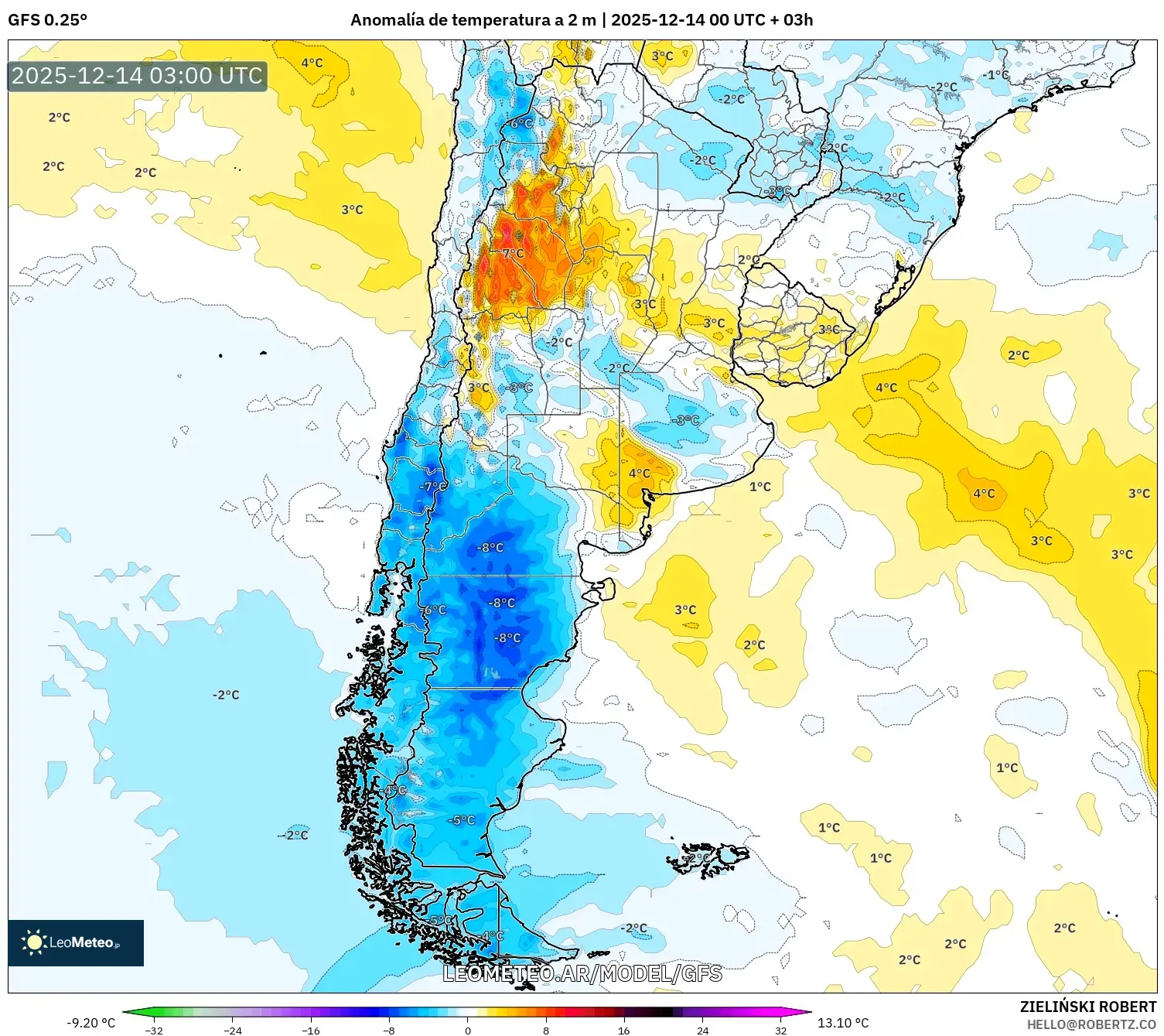 GFS model - Argentina, Anomalía de temperatura a 2 m