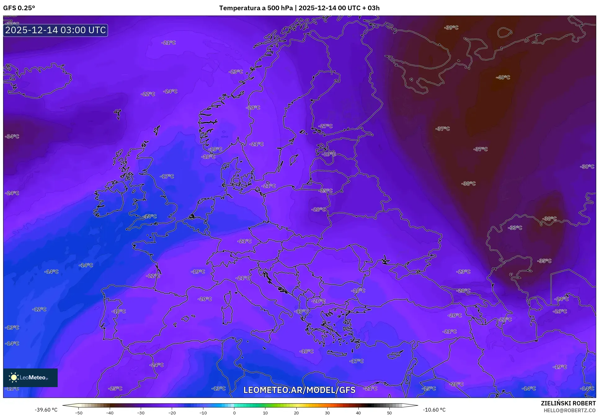 GFS model - Europa, Temperatura a 500 hPa
