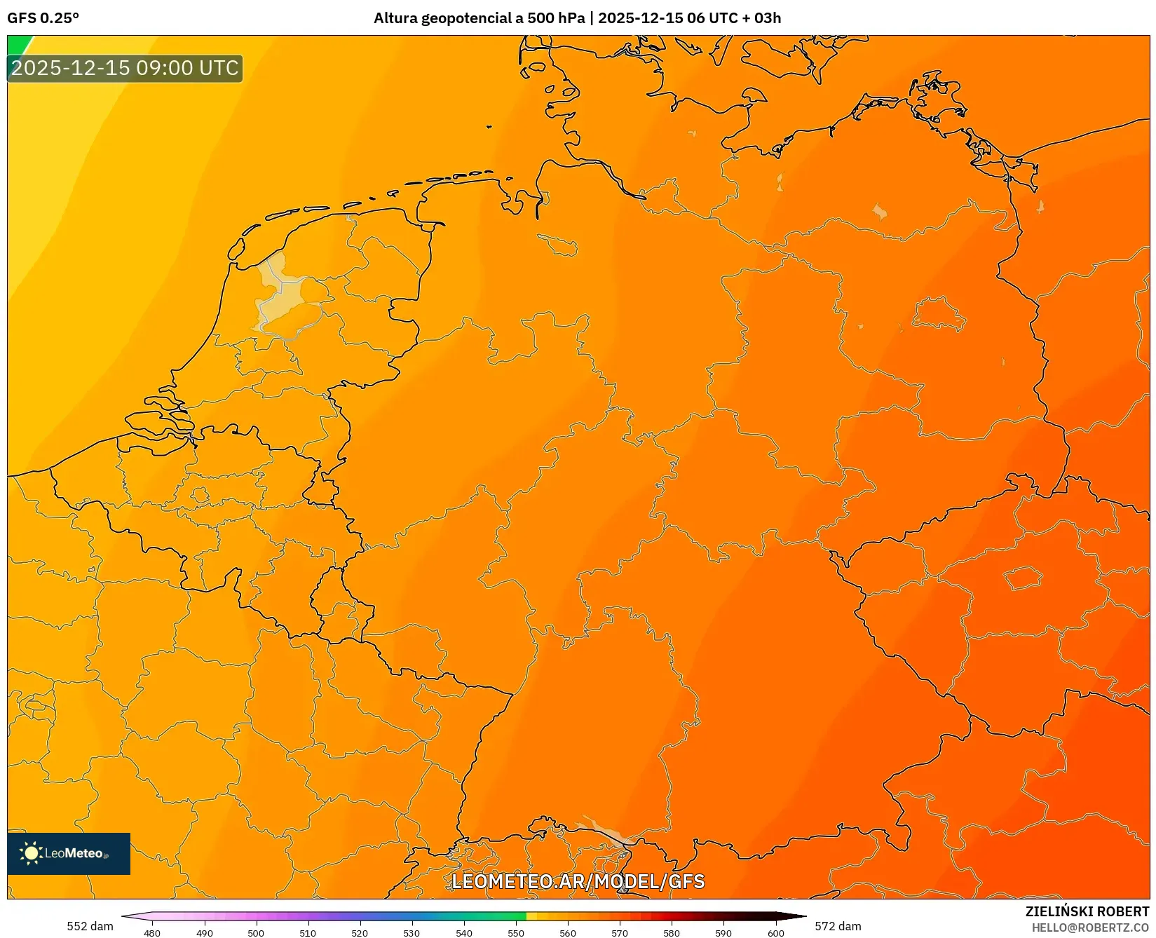 GFS model - Alemania, Altura geopotencial a 500 hPa