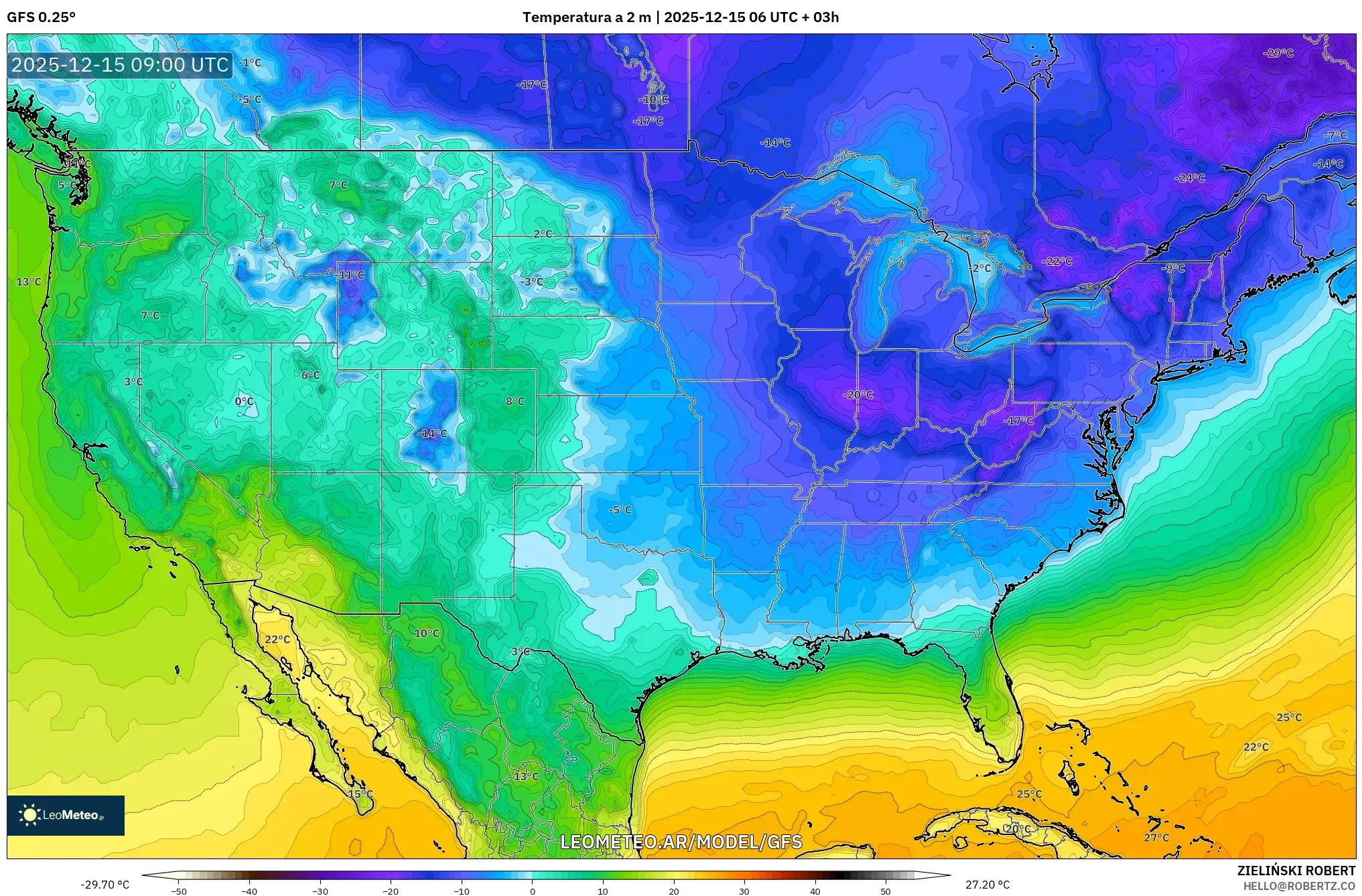 GFS model - Estados Unidos, Temperatura a 2 m