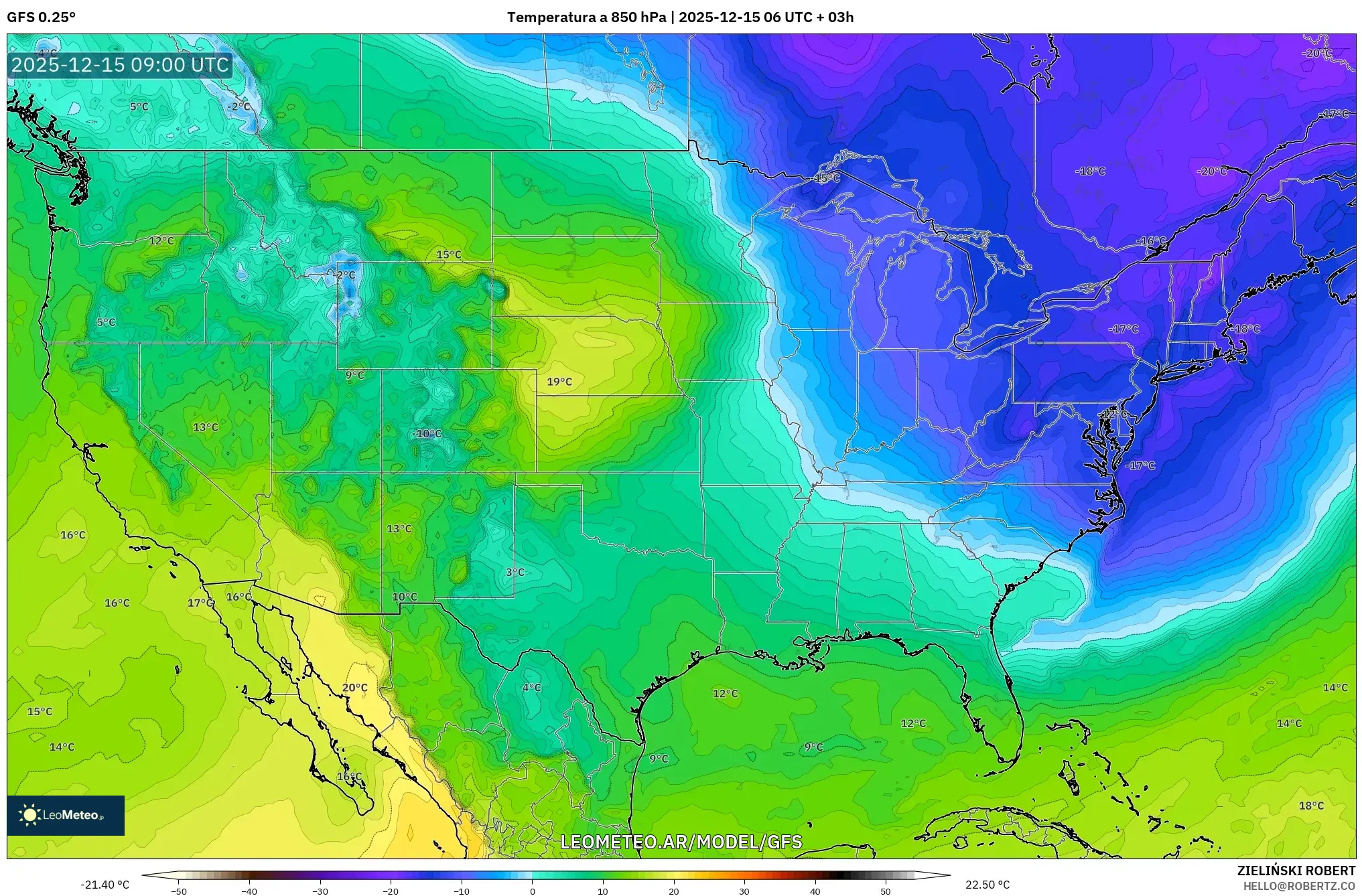 GFS model - Estados Unidos, Temperatura a 850 hPa