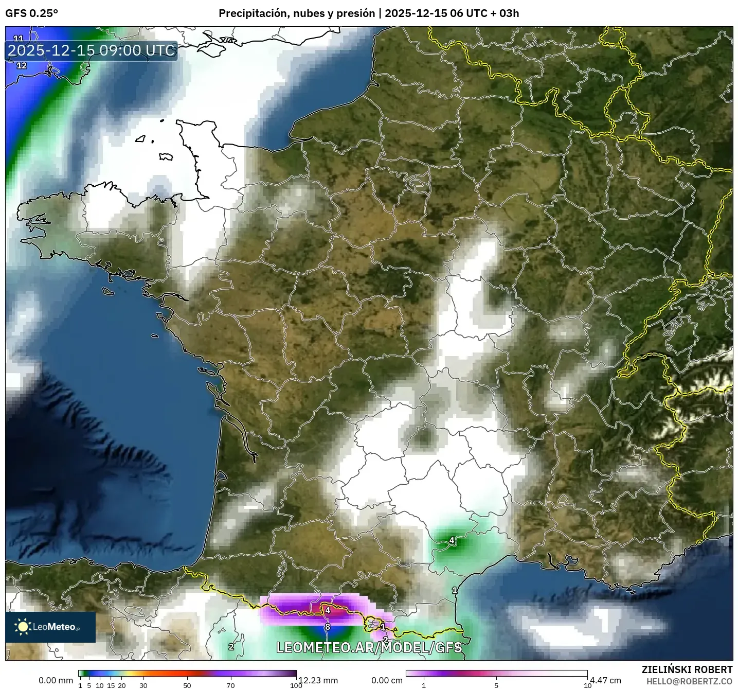 GFS model - Francia, Precipitación, nubes y presión