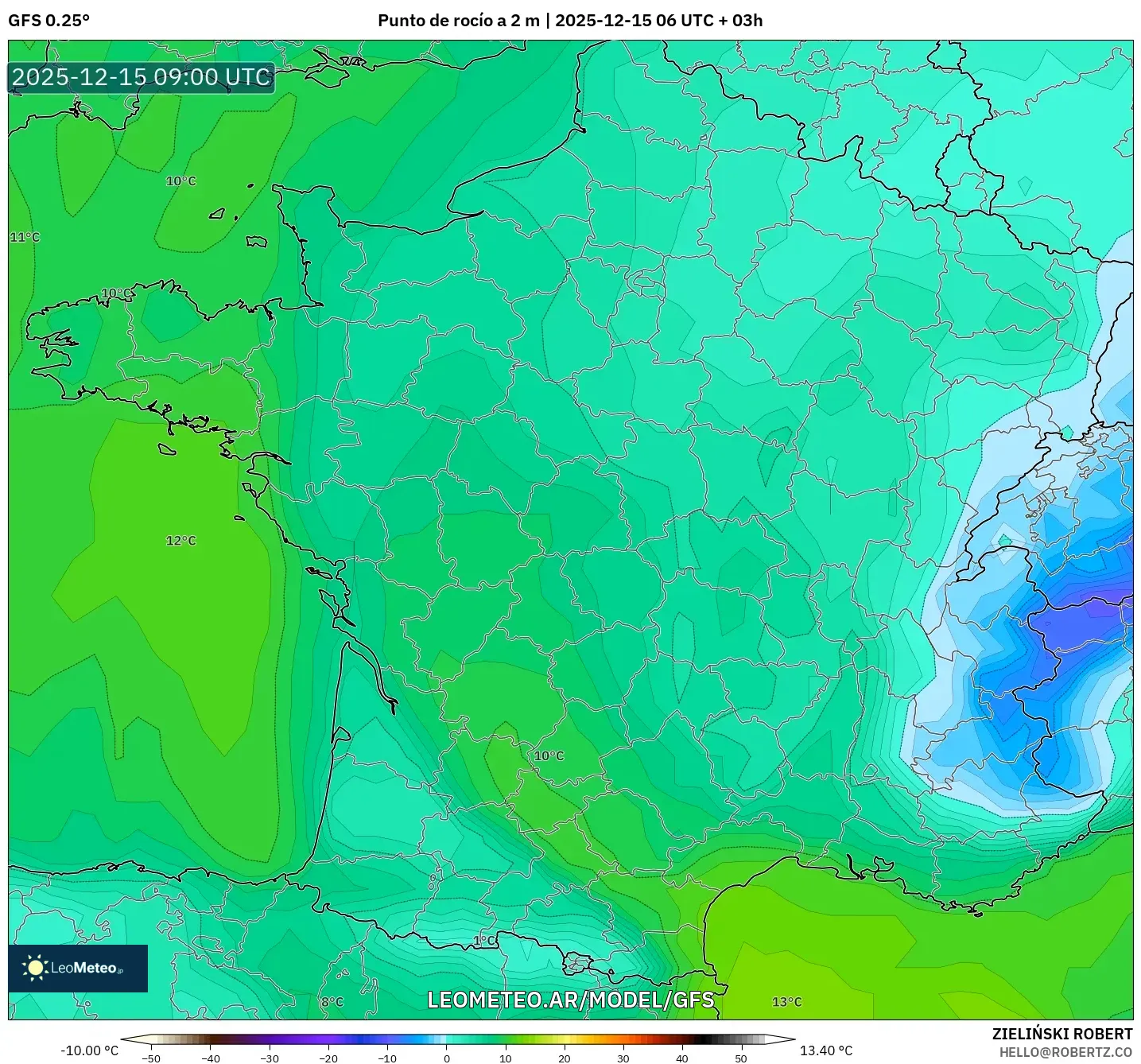 GFS model - Francia, Punto de rocío a 2 m