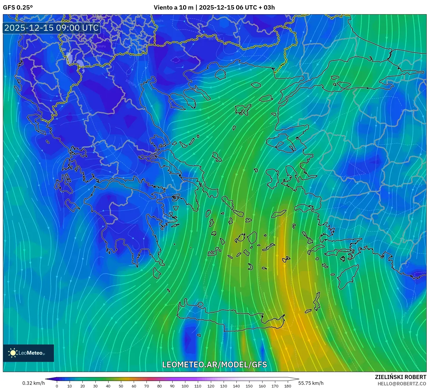 GFS model - Grecia, Viento a 10 m