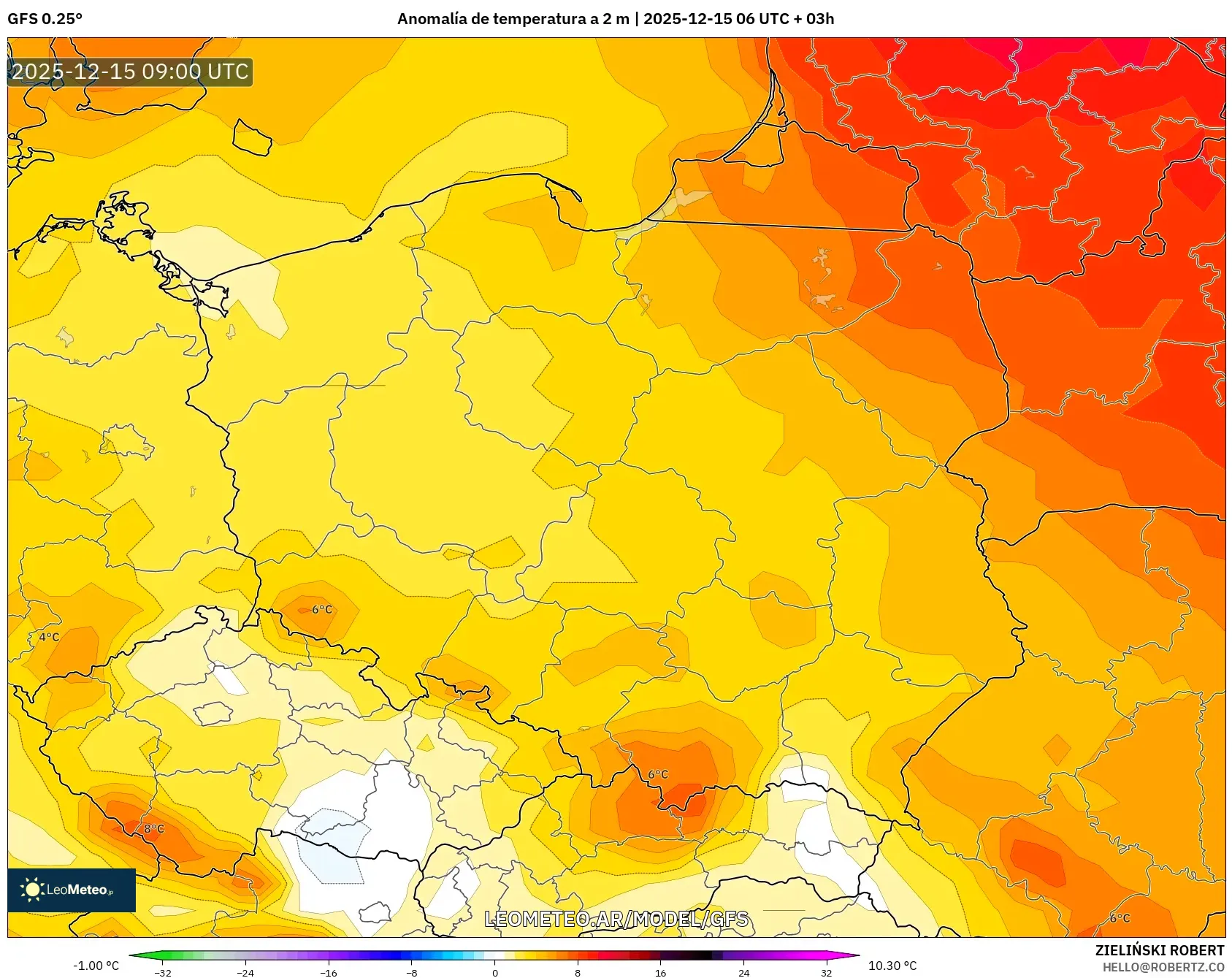GFS model - Polonia, Anomalía de temperatura a 2 m