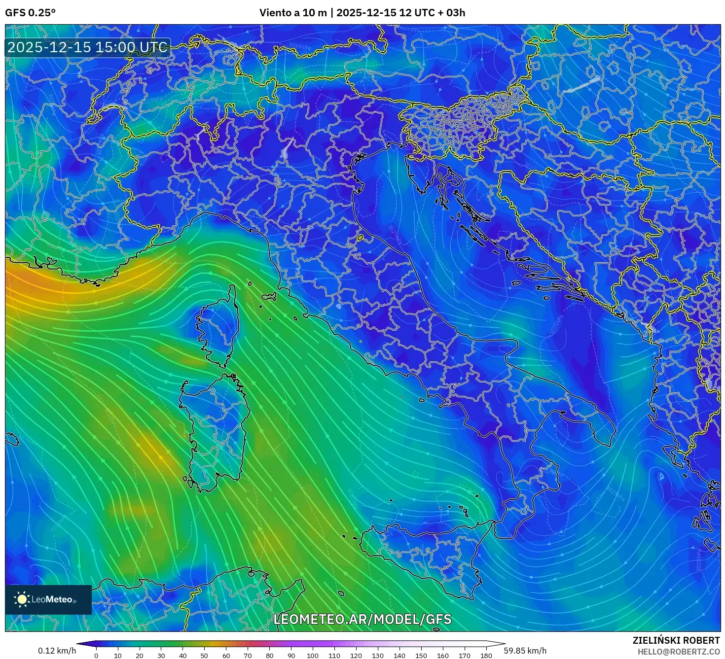 GFS model - Italia, Viento a 10 m