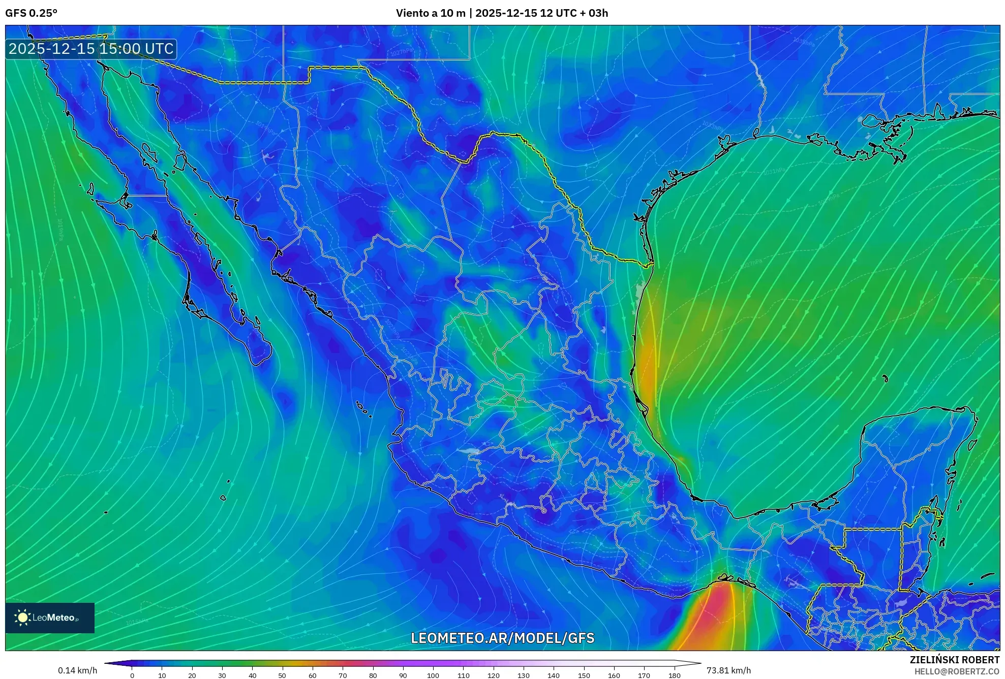 GFS model - México, Viento a 10 m