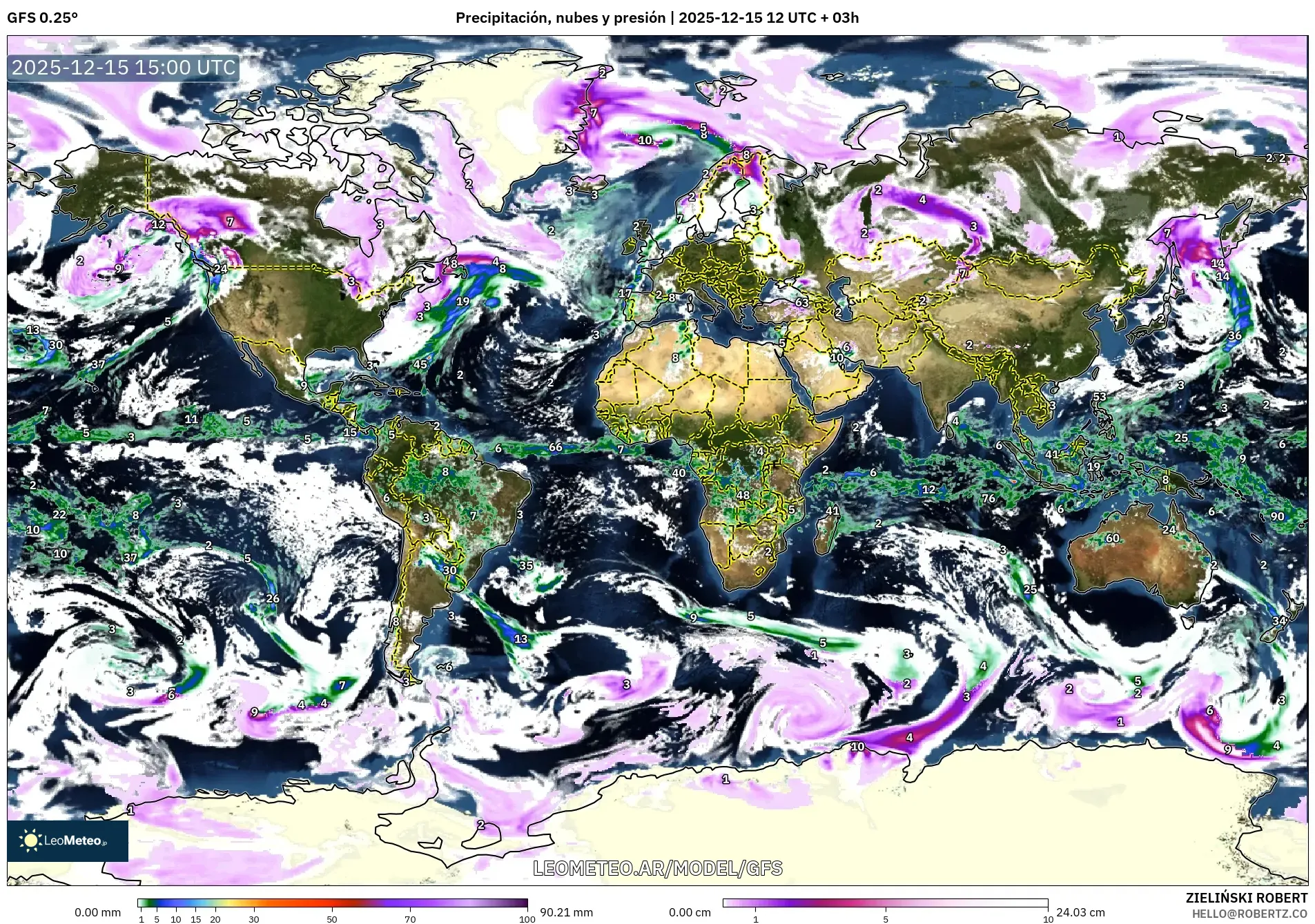 GFS model - Mundo, Precipitación, nubes y presión