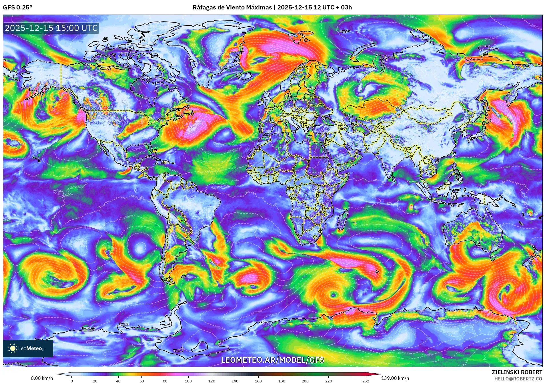 GFS model - Mundo, Ráfagas de Viento Máximas