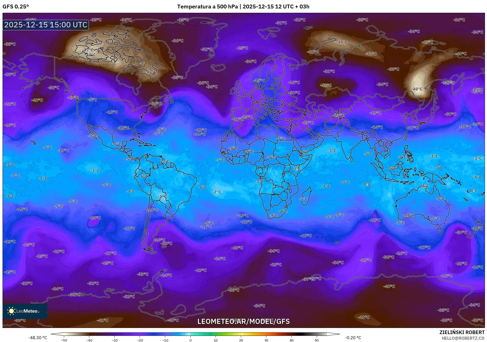 GFS model - Mundo, Temperatura a 500 hPa