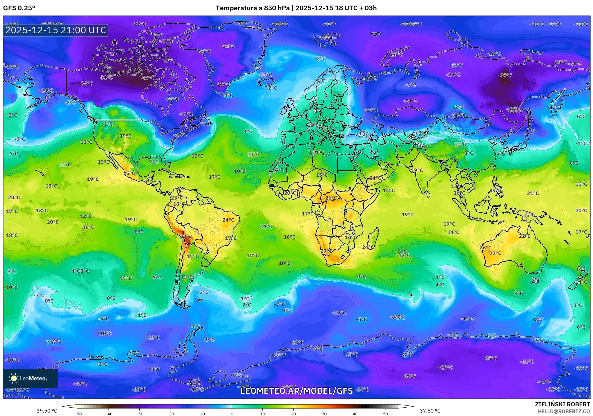 GFS model - Mundo, Temperatura a 850 hPa