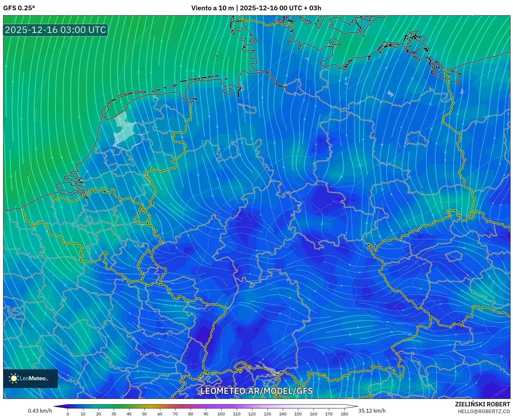 GFS model - Alemania, Viento a 10 m