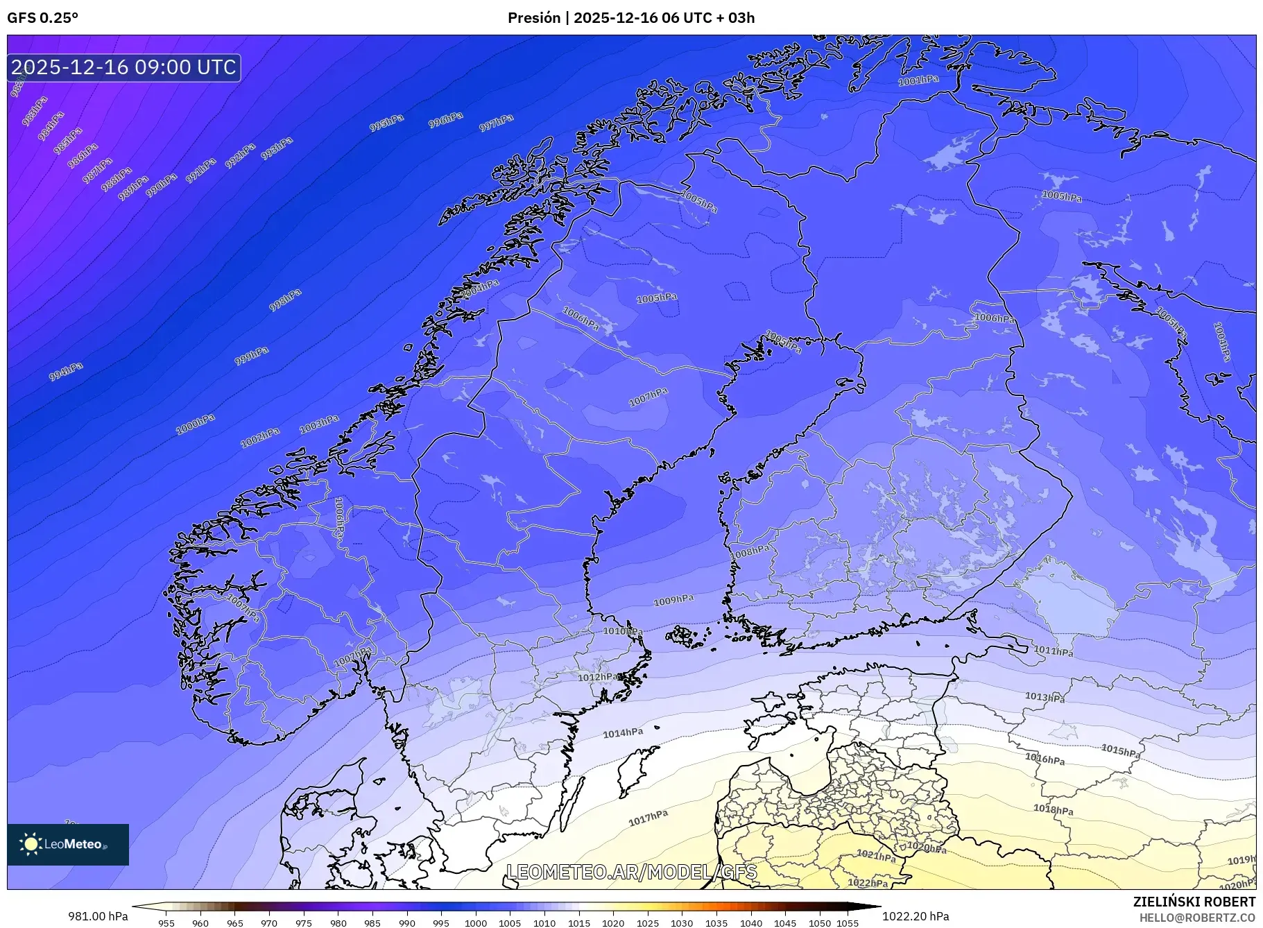 GFS model - Escandinavia, Presión