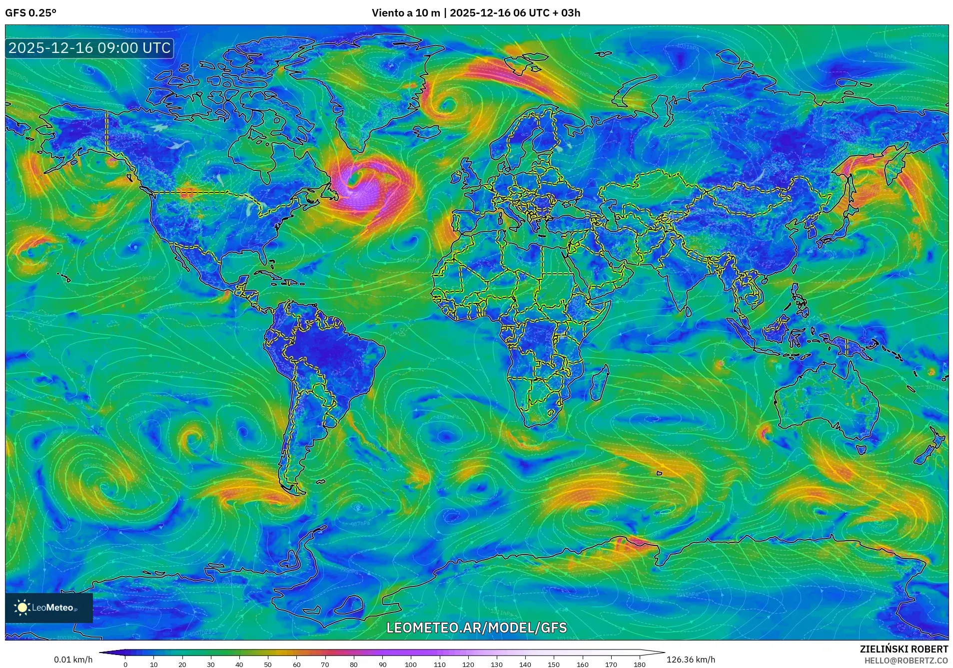 GFS model - Mundo, Viento a 10 m