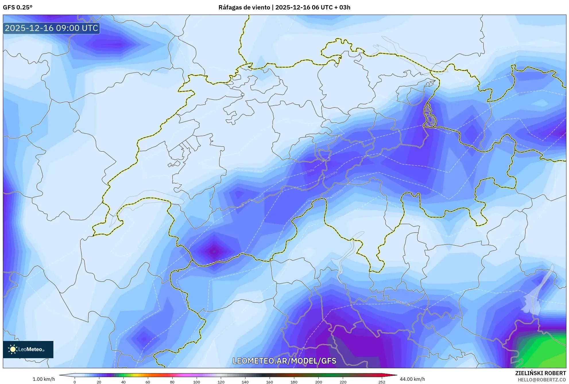 GFS model - Suiza, Ráfagas de viento