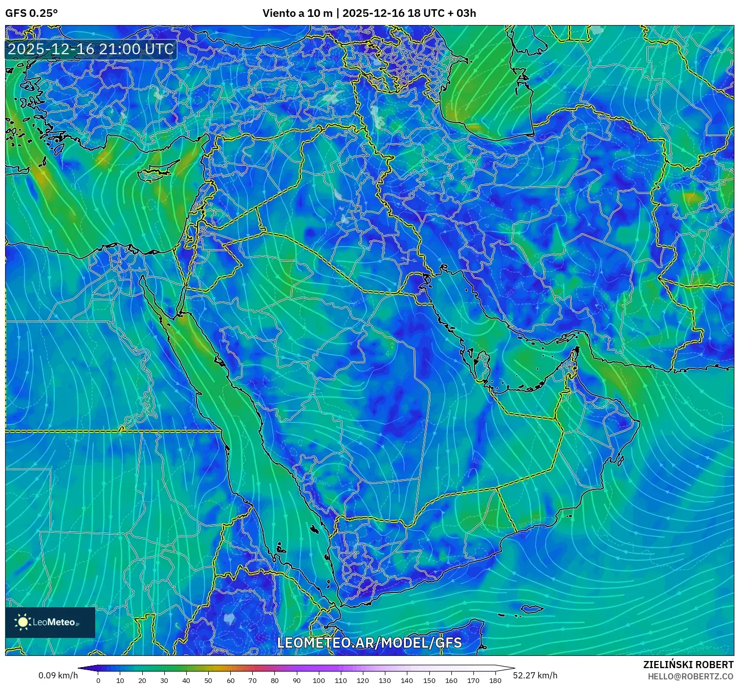 GFS model - Oriente Medio, Viento a 10 m