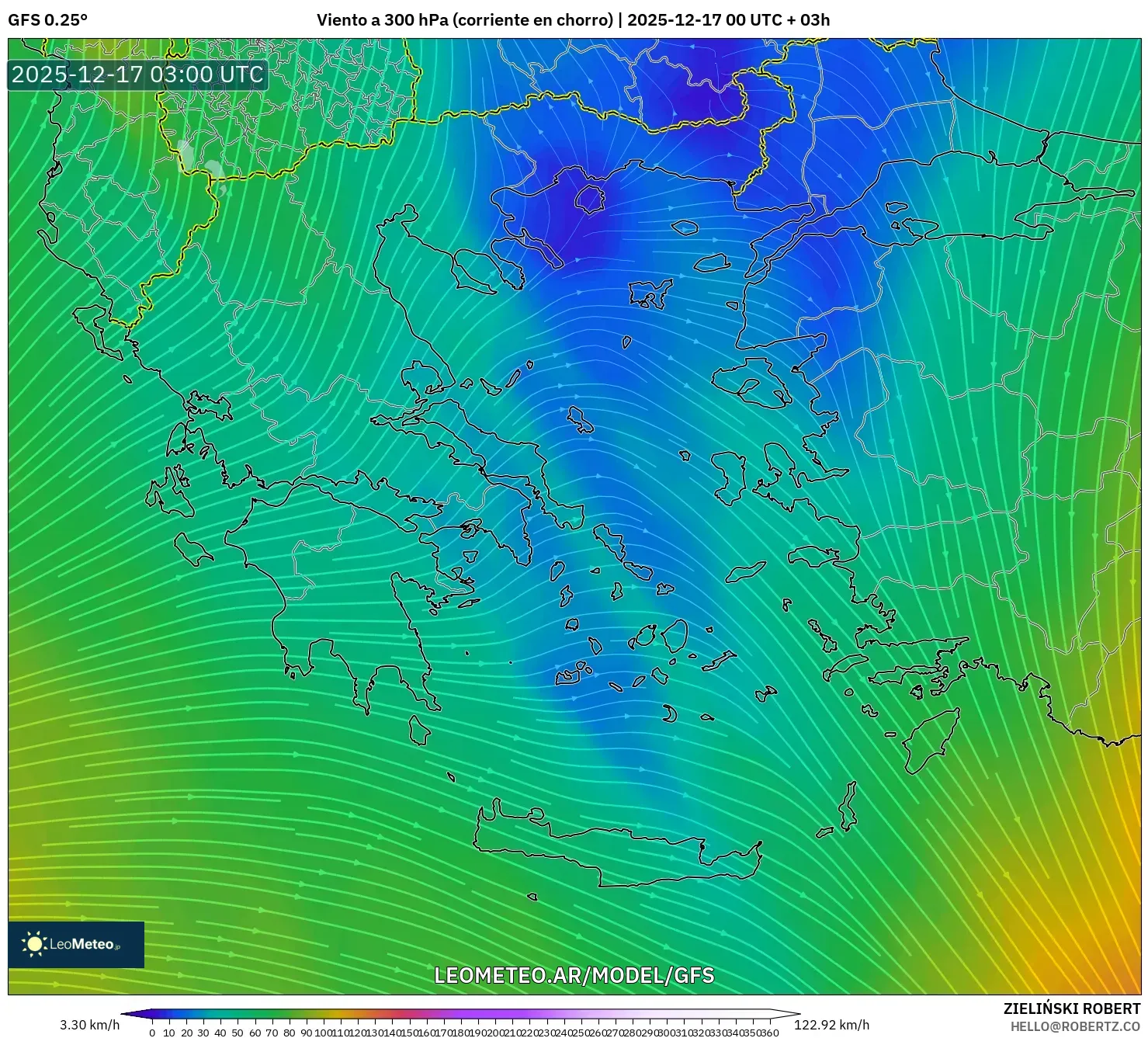 GFS model - Grecia, Viento a 300 hPa (corriente en chorro)
